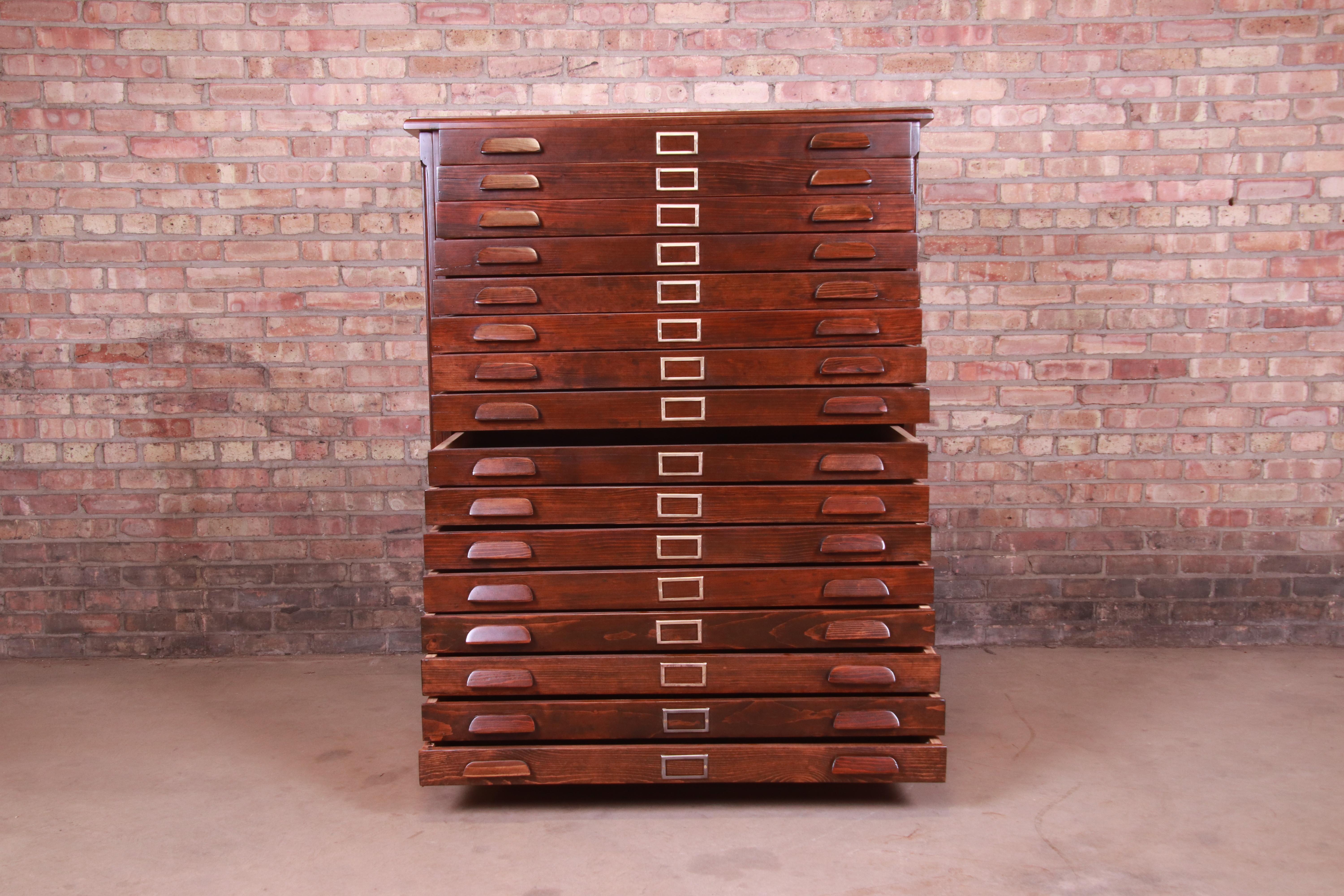 Antique Pine Architect's Blueprint 16-Drawer Flat File Cabinet, Newly Refinished In Good Condition In South Bend, IN