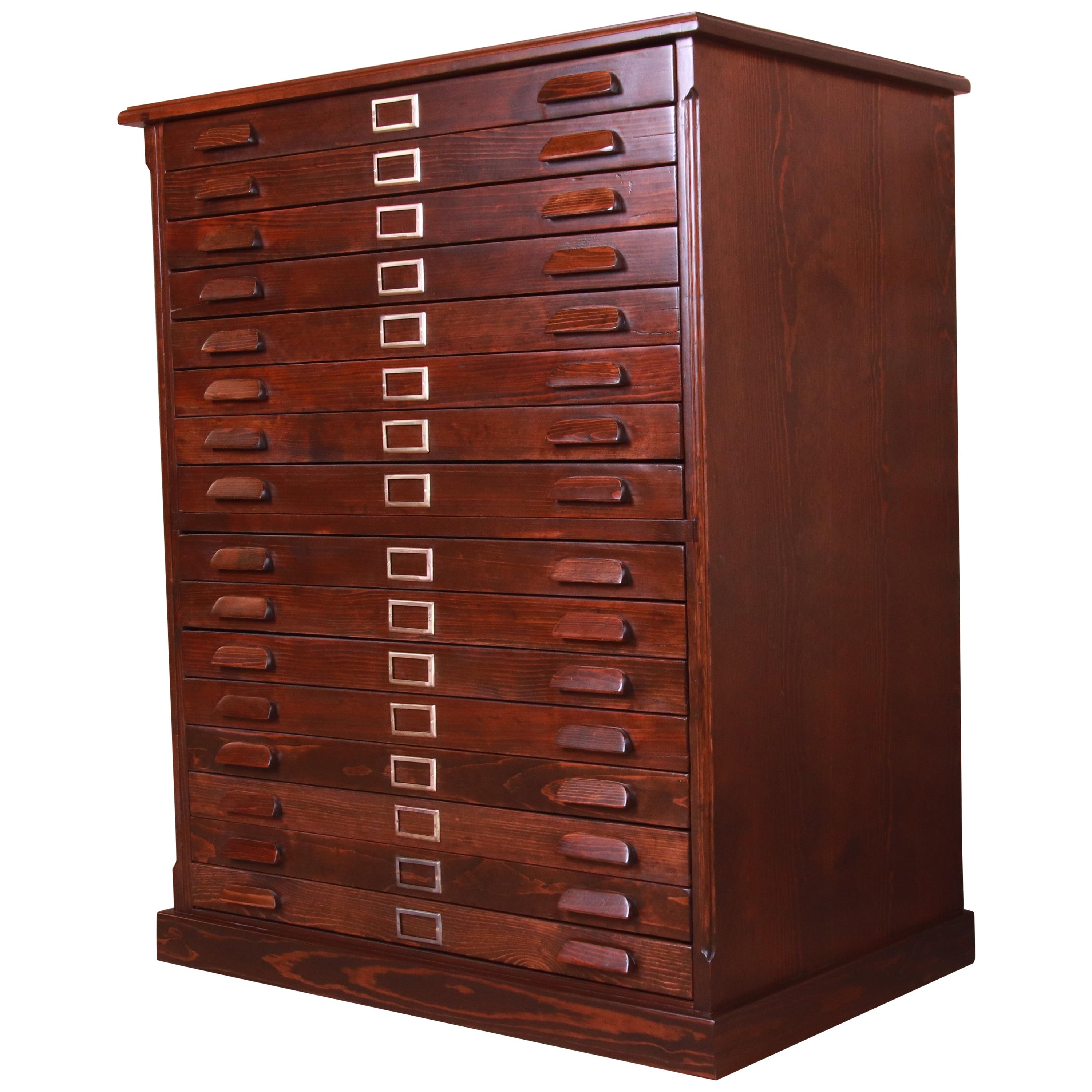 Antique Pine Architect's Blueprint 16-Drawer Flat File Cabinet, Newly Refinished