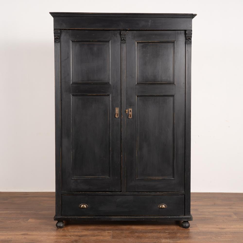 Antique Pine Armoire Cabinet Painted Black, Hungary, circa 1890 In Good Condition In Round Top, TX