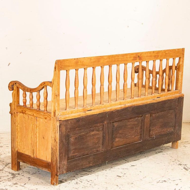 Antique Pine Bench with Spindle Back and Storage at 1stDibs