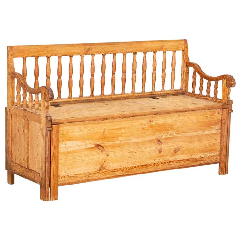 Antique Pine Bench with Spindle Back and Storage For Sale at 1stdibs
