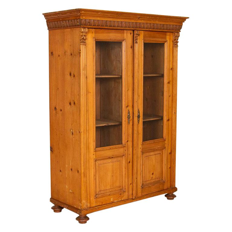Antique Pine Bookcase Cabinet with Glass Doors