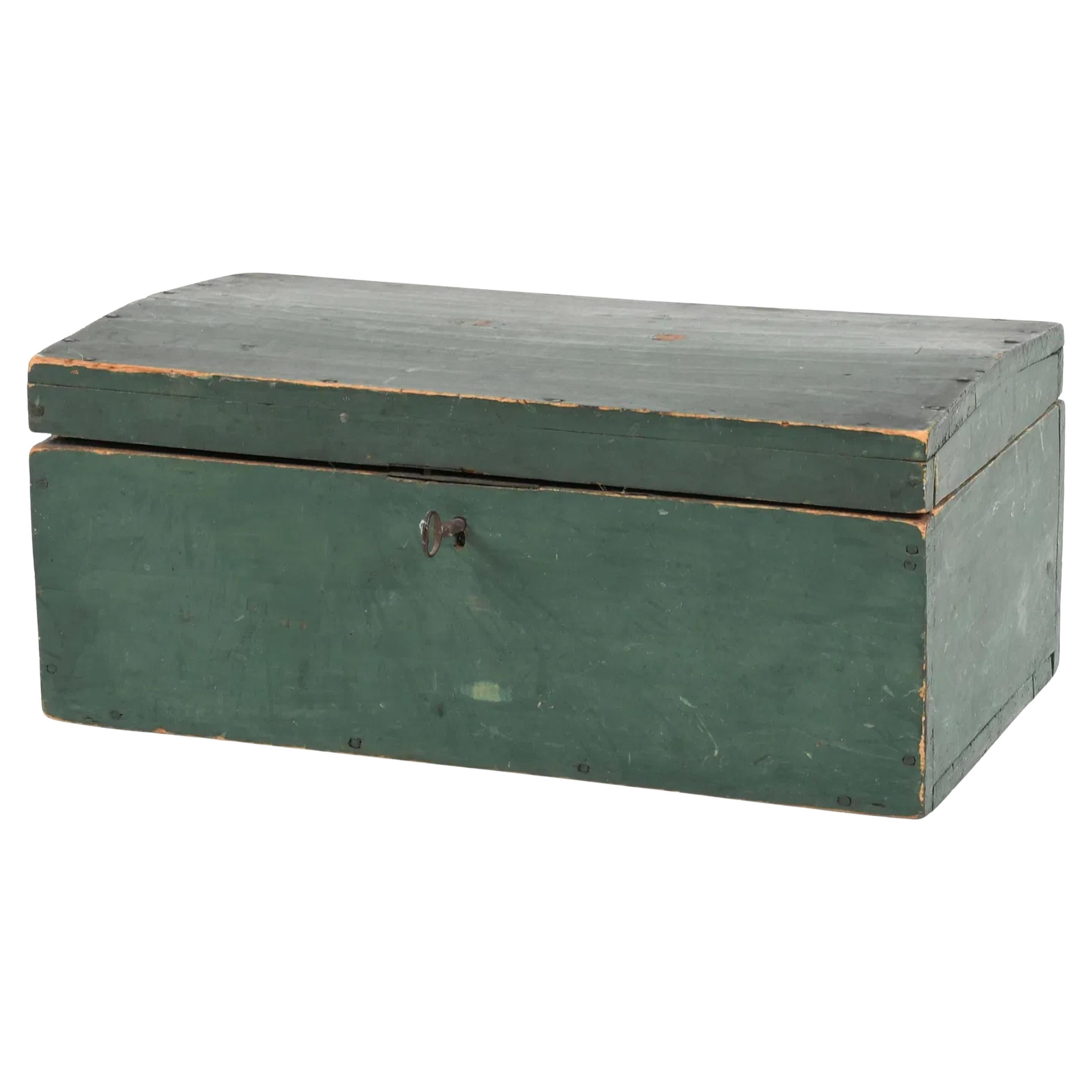 Antique Pine Box with Original Green Paint and Interior Wallpaper, 19th century