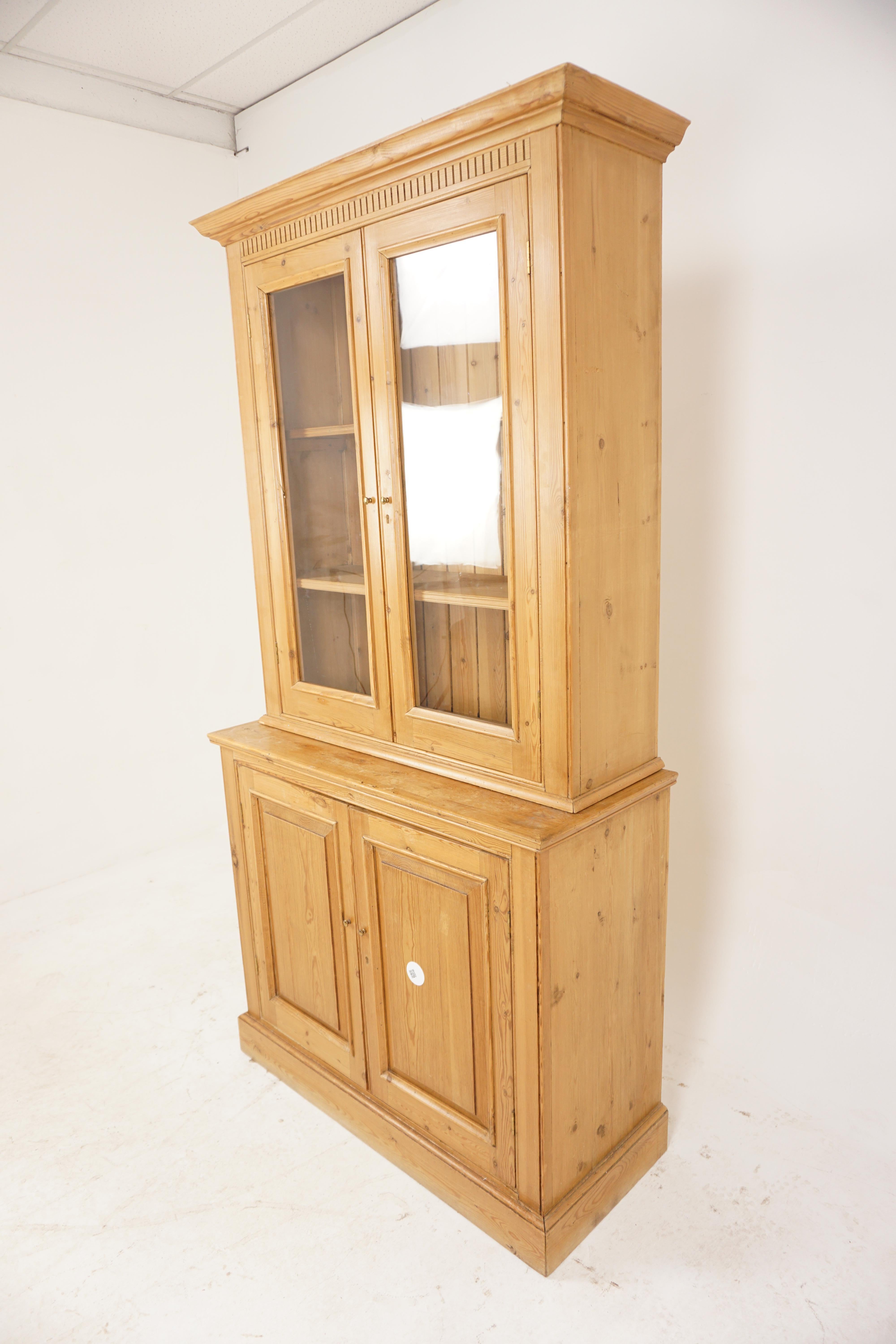 Antique Pine Cabinet, Vintage 2 Part Farmhouse Kitchen Display Cabinet, Bookcase, Antique Furniture, Scotland 1930, H1080

+ Scotland 1930
+ Solid Oak
+ Original Finish
+ Large ogee moulded corners 
+ Dentil frieze below
+ Pair of glass doors