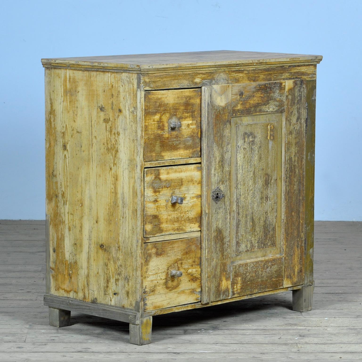 Rustic Antique Pine Cabinet With 3 Drawers, Circa 1900