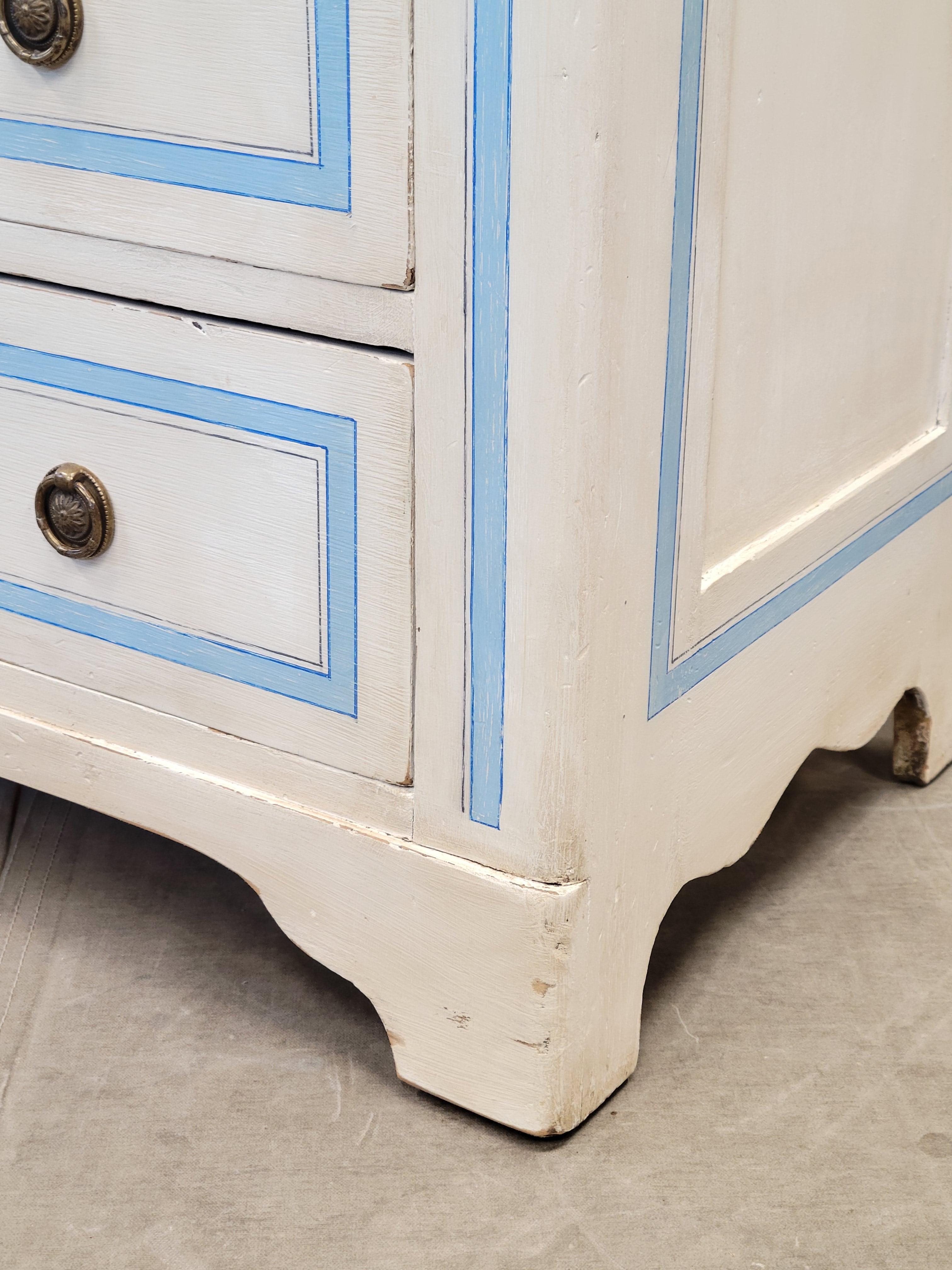 Antique Pine Chest of Drawers Painted With Blue French Line Motif on White 2