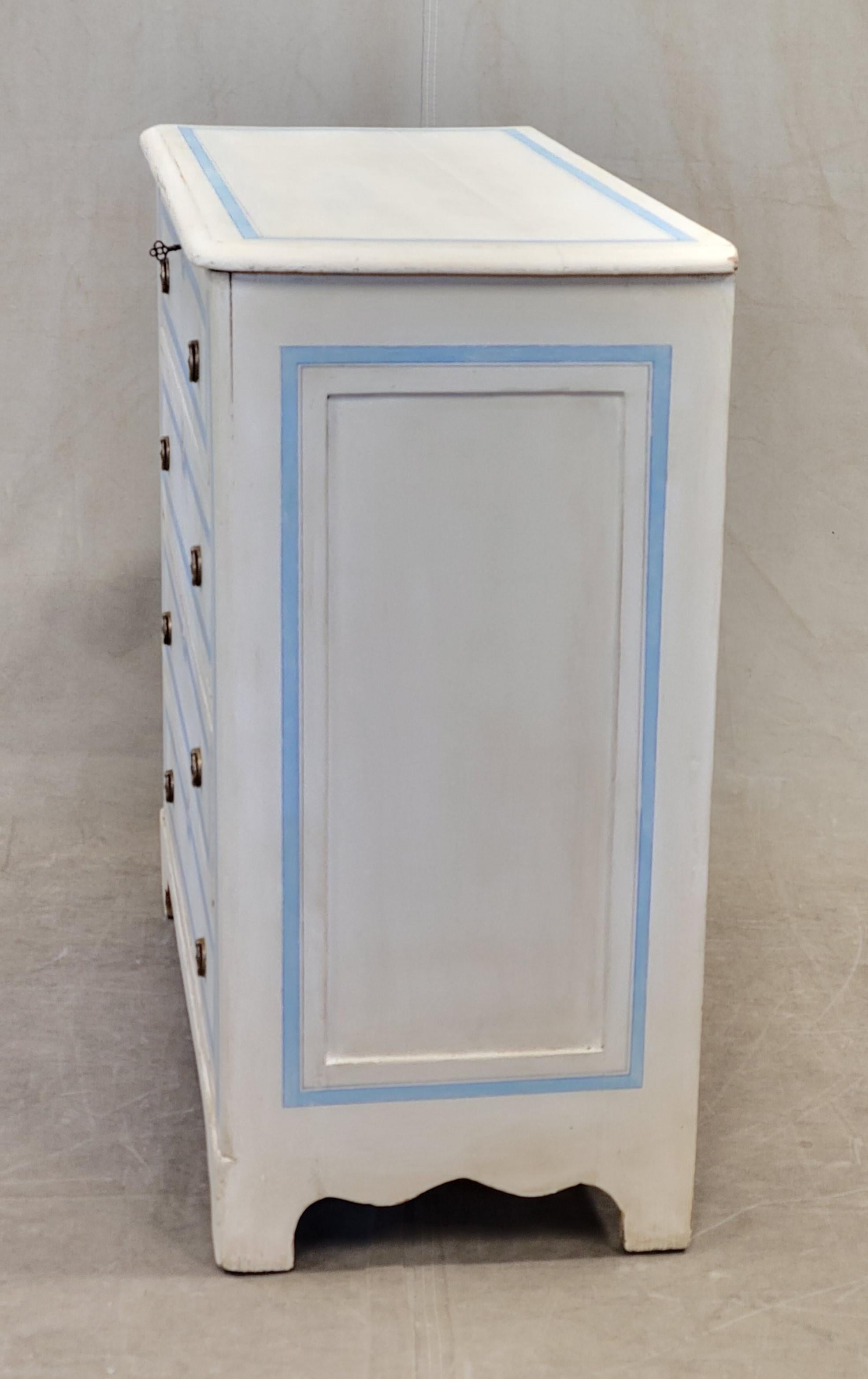 Antique Pine Chest of Drawers Painted With Blue French Line Motif on White 4