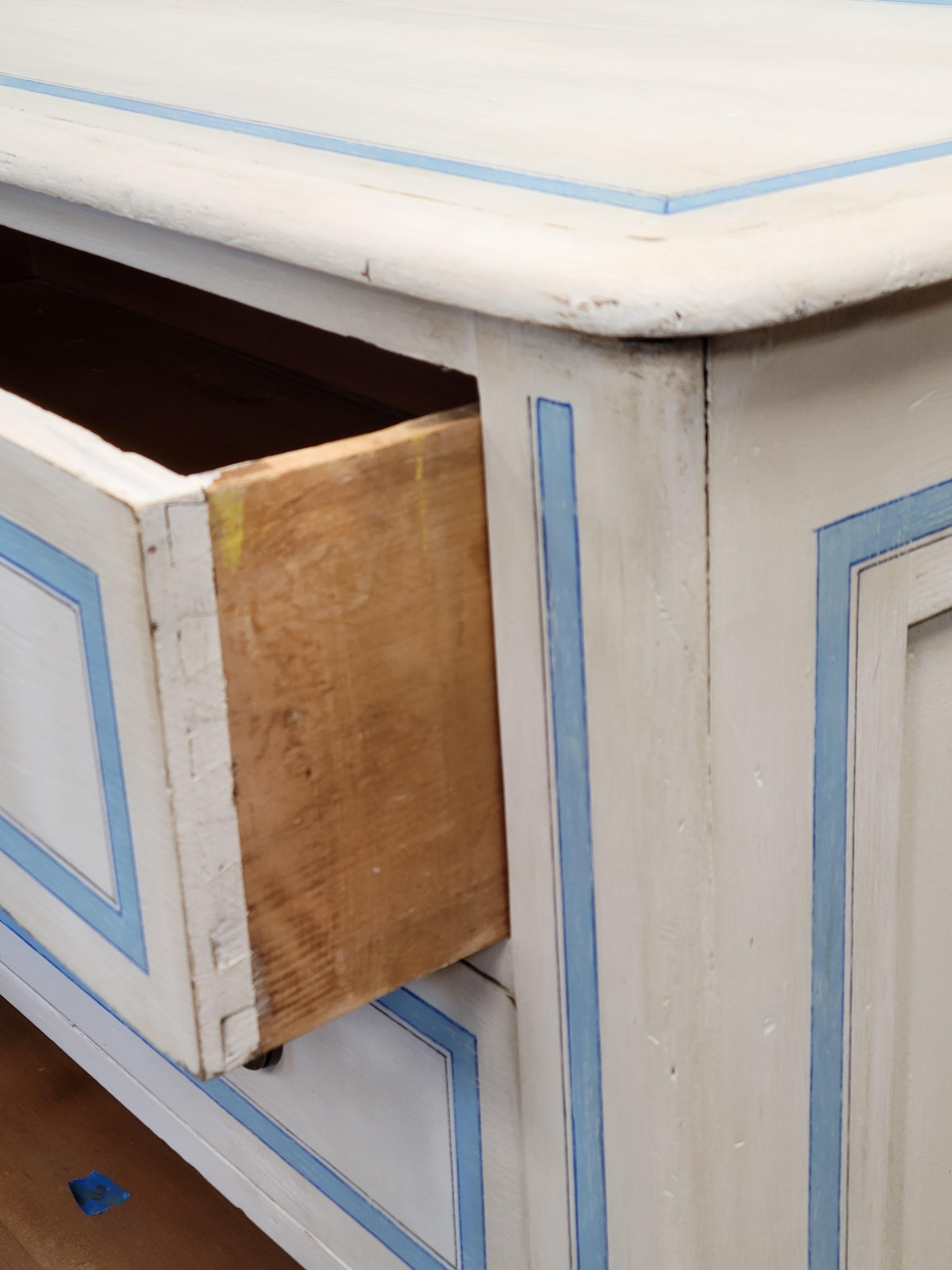 Neoclassical Antique Pine Chest of Drawers Painted With Blue French Line Motif on White