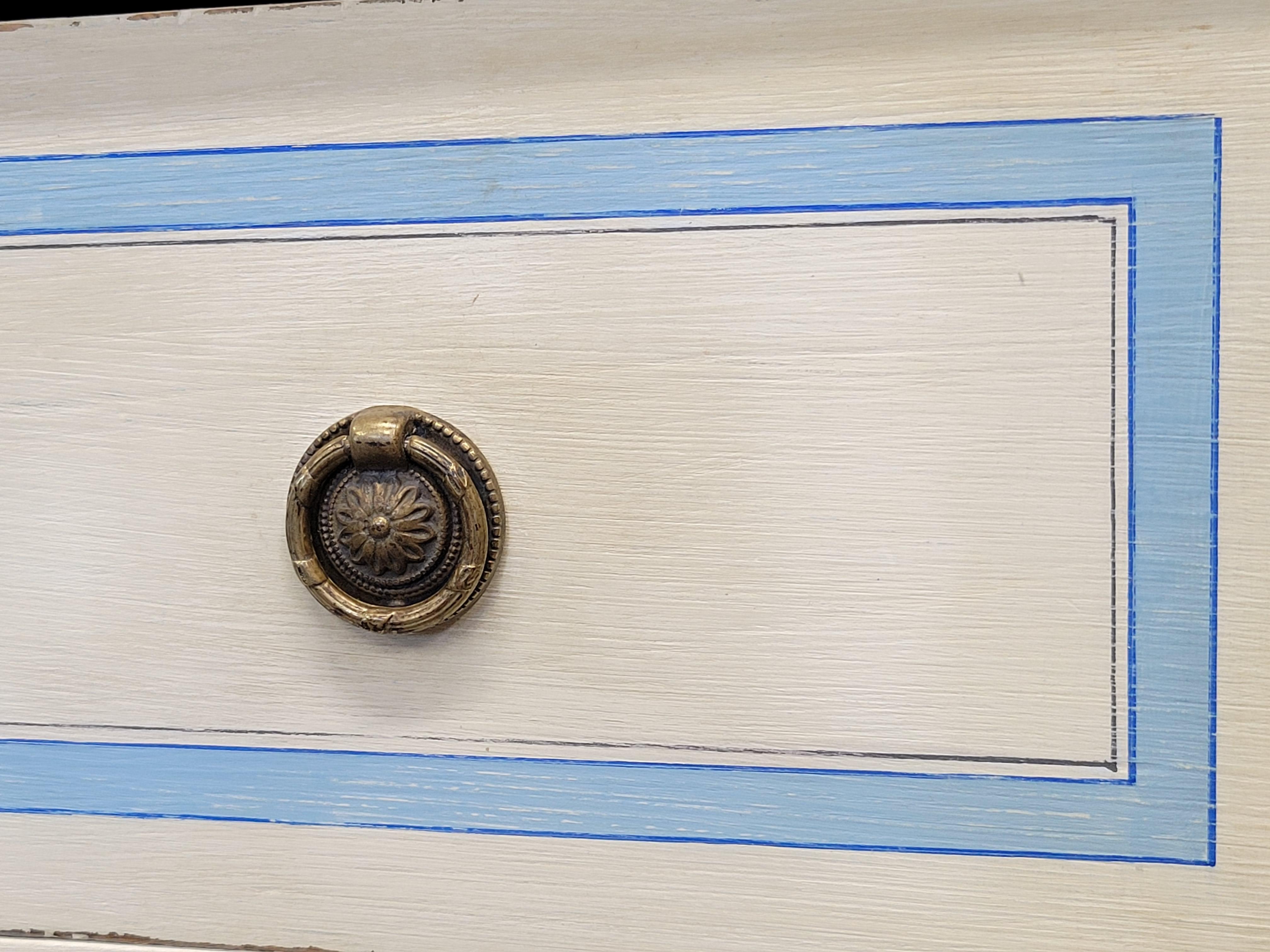 Hand-Crafted Antique Pine Chest of Drawers Painted With Blue French Line Motif on White