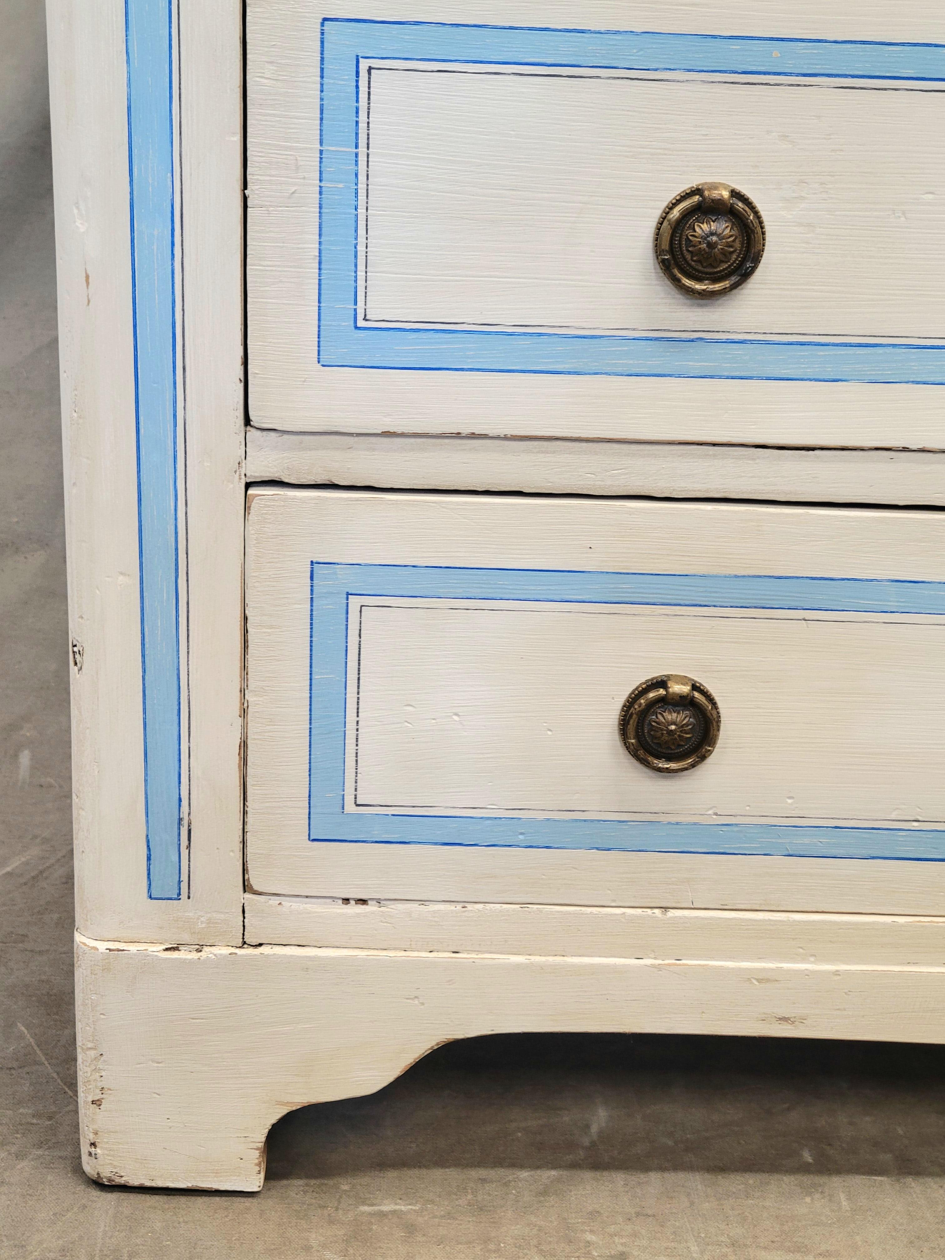 Antique Pine Chest of Drawers Painted With Blue French Line Motif on White In Good Condition In Centennial, CO