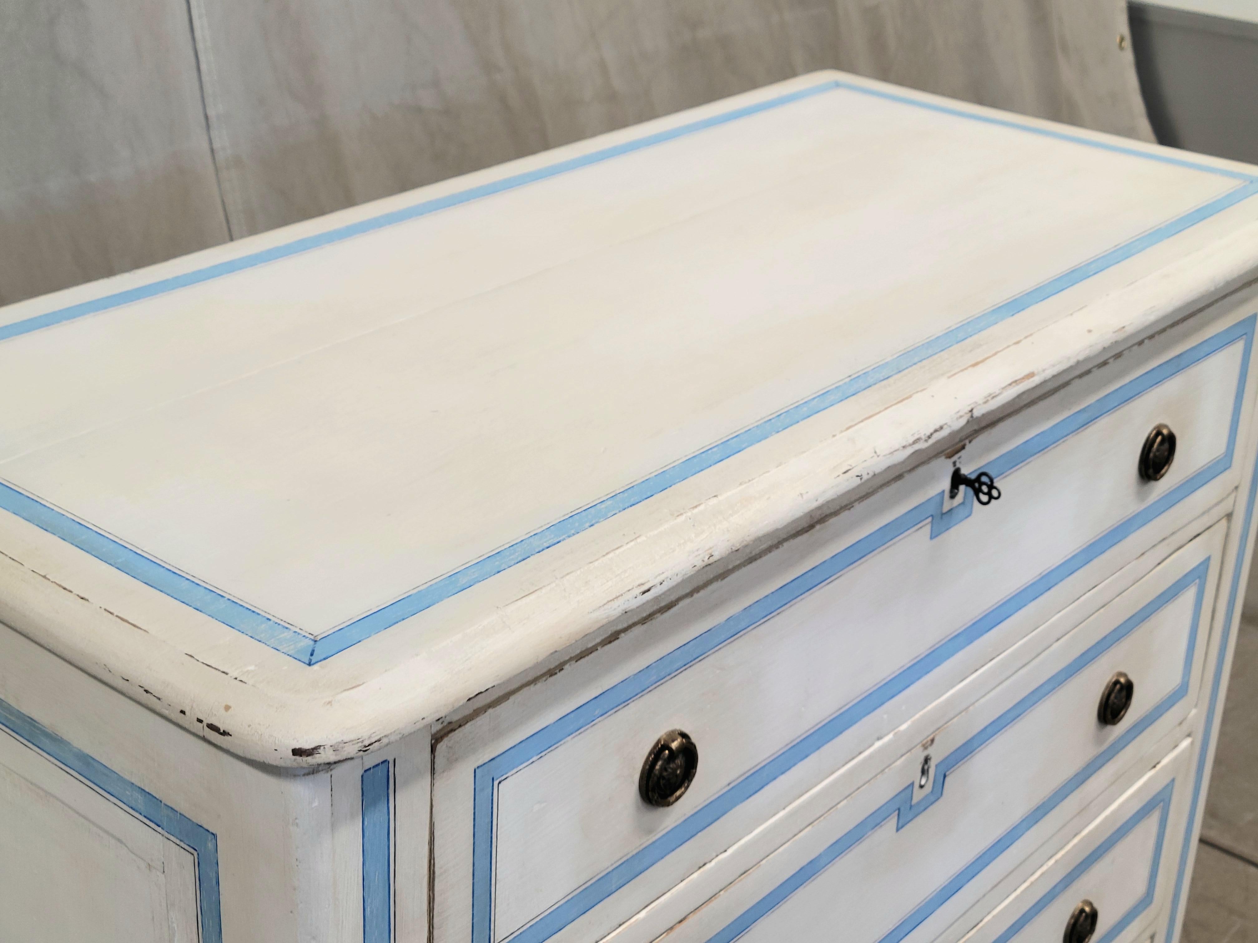 20th Century Antique Pine Chest of Drawers Painted With Blue French Line Motif on White
