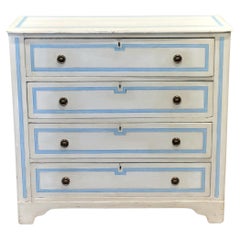 Antique Pine Chest of Drawers Painted With Blue French Line Motif on White
