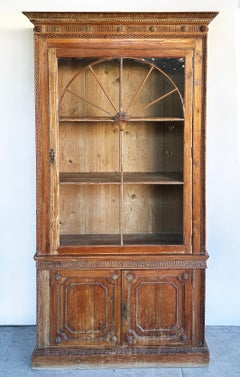 Antique Pine China Cabinet, Arched Fan Glass Door, 2 Piece, Shelves, Greek Key