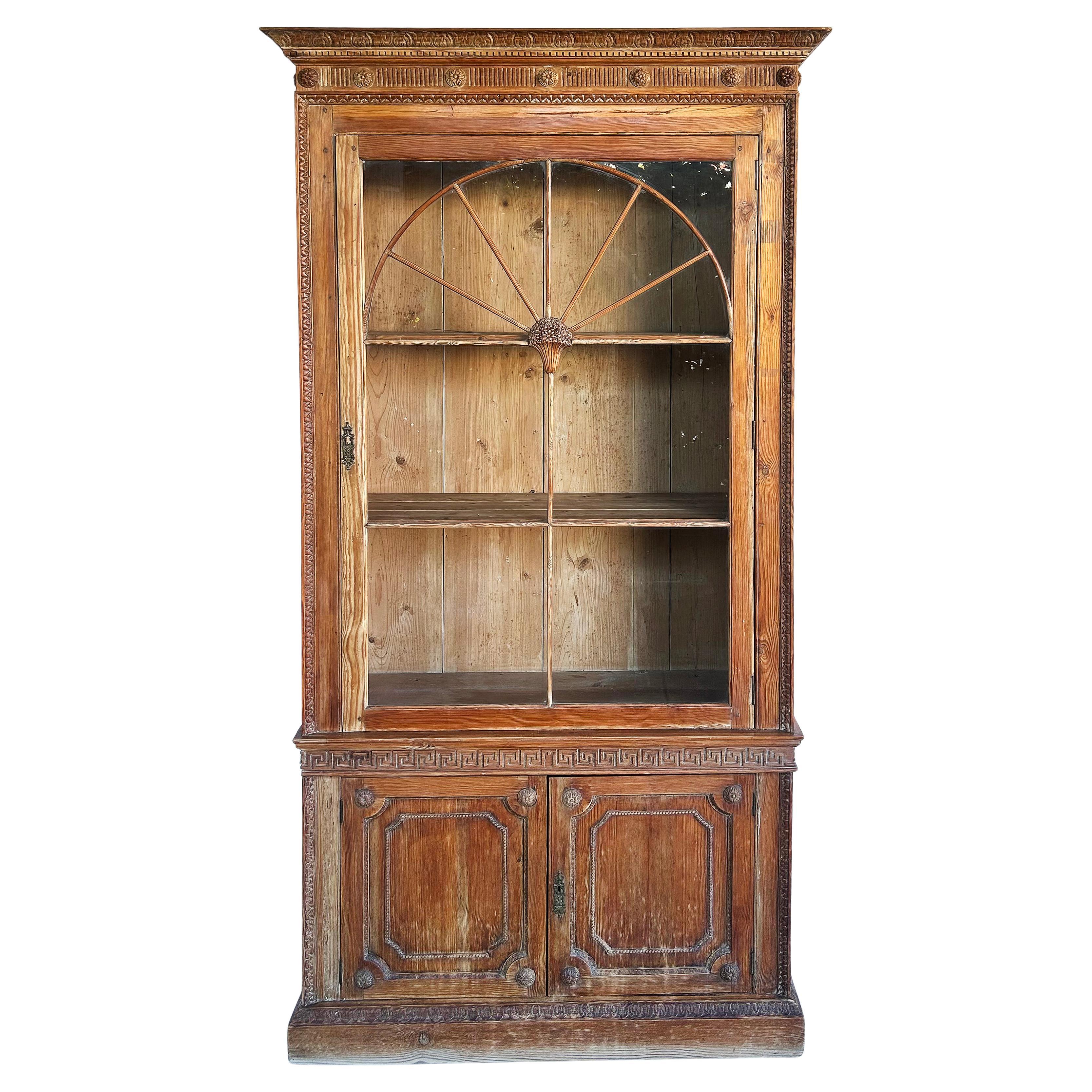 Antique Pine China Cabinet, Arched Fan Glass Door, 2 Piece, Shelves, Greek Key For Sale