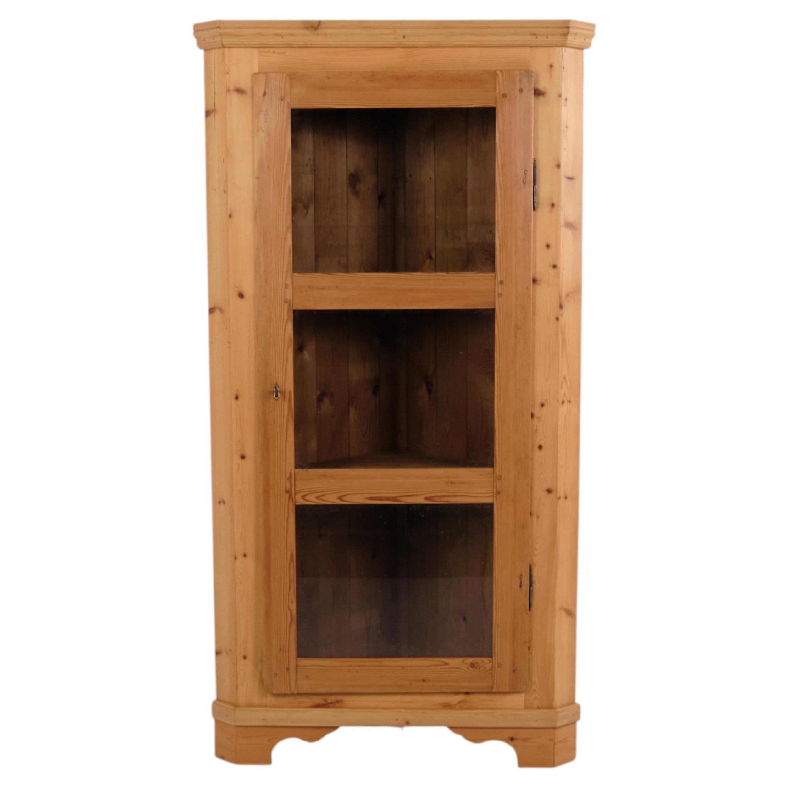 Antique Pine Corner Cabinet with Glass Door, 1890s For Sale