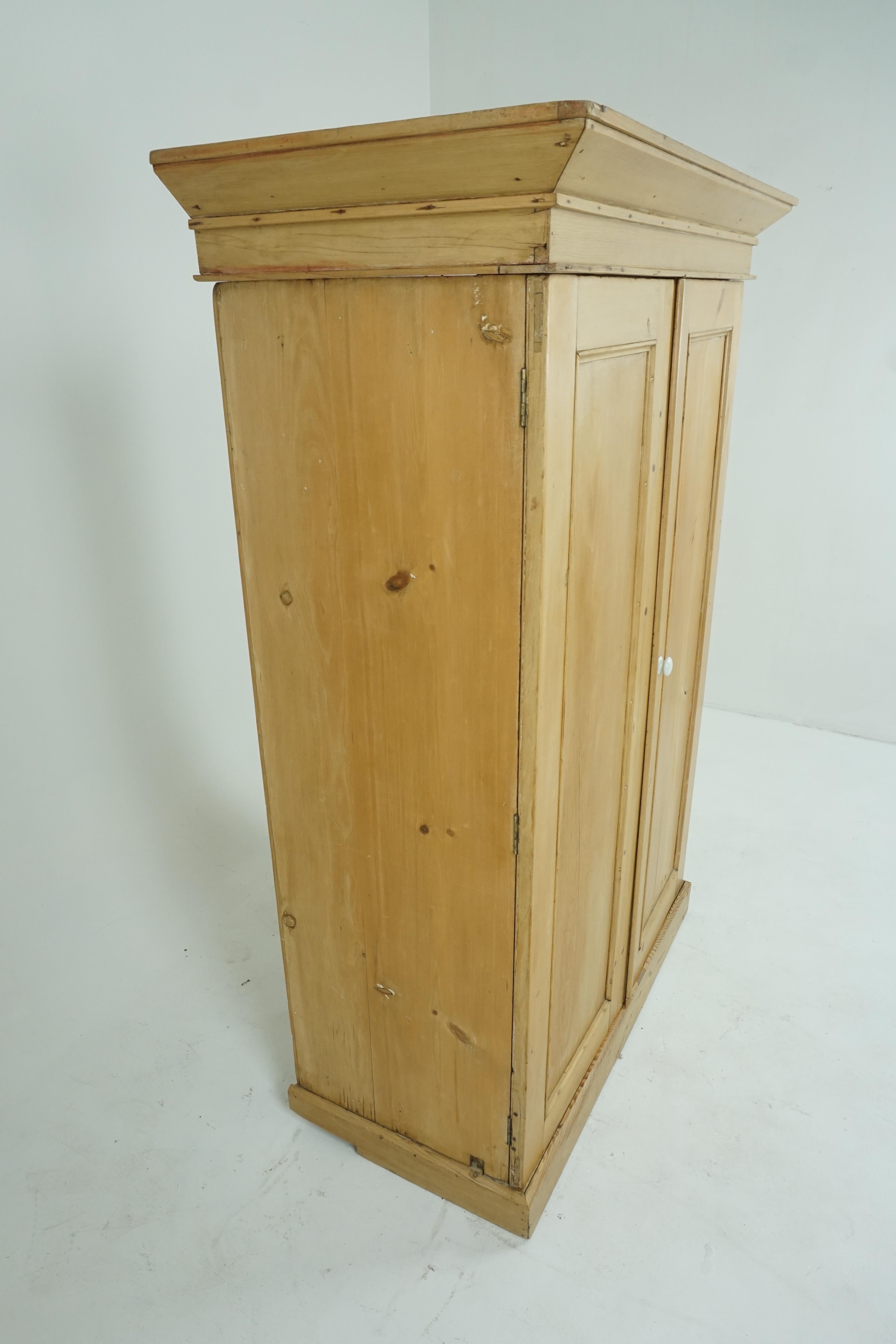 Hand-Crafted Antique Pine Cupboard, Stripped Pine 2 Door Armoire, Scotland, 1880