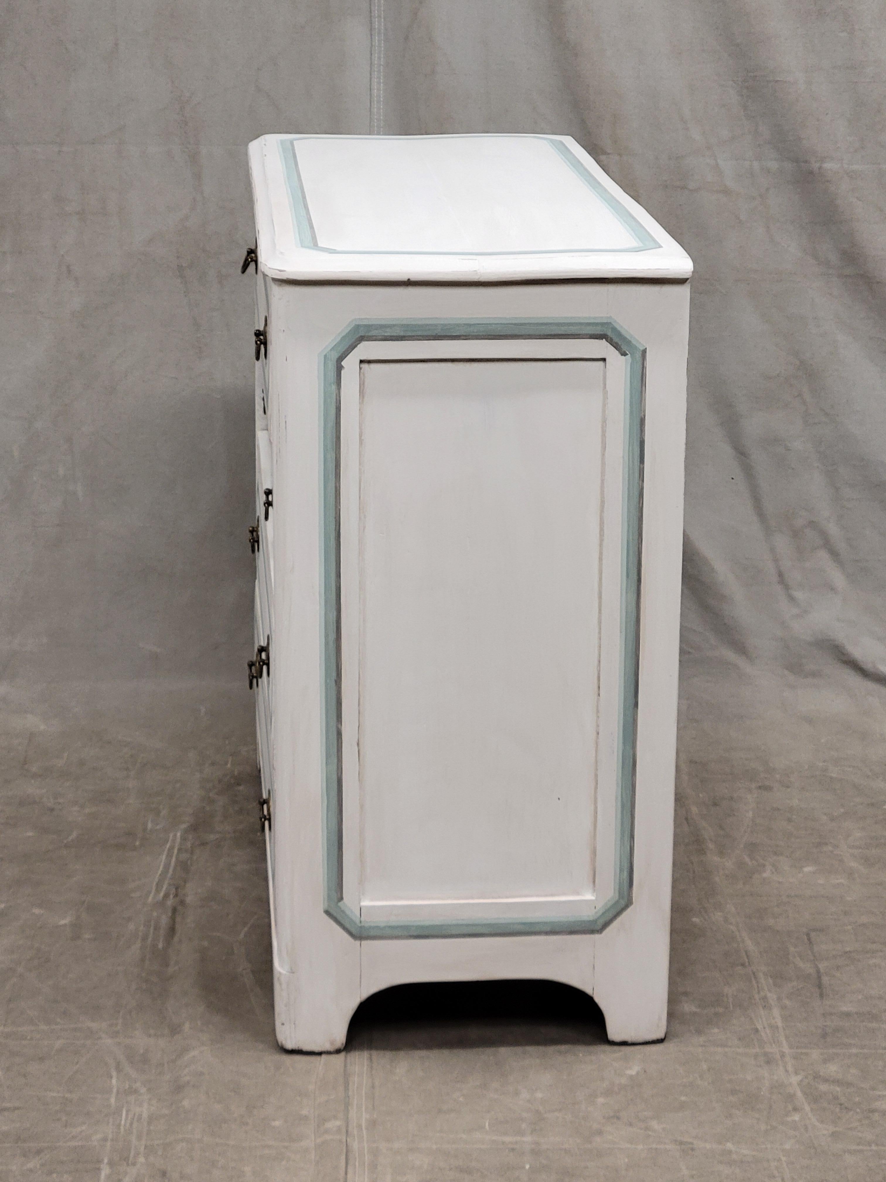Antique Pine Dresser Painted White With Aqua and Gray Trompe l'Oiel French Line  1