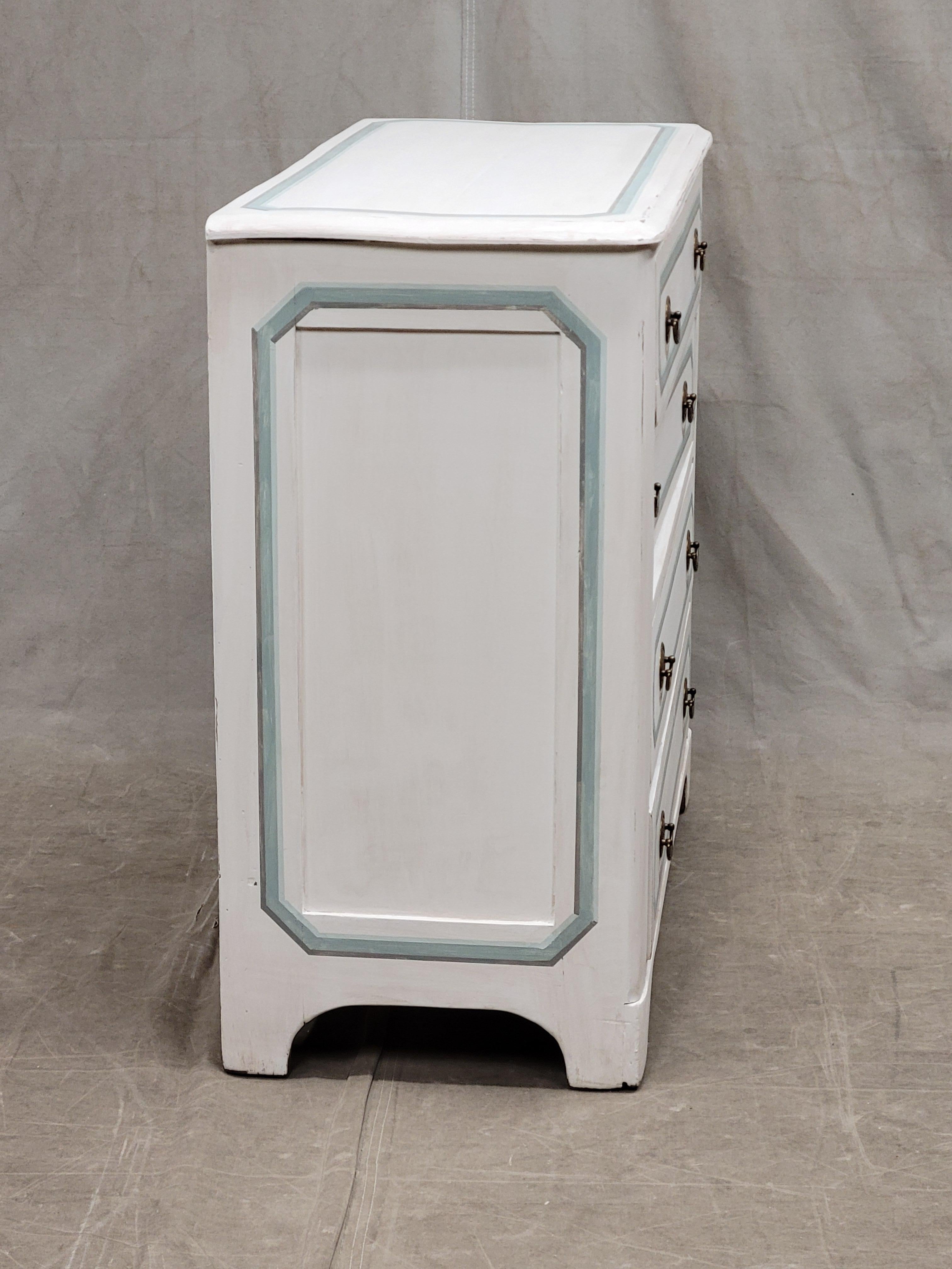 Antique Pine Dresser Painted White With Aqua and Gray Trompe l'Oiel French Line  2