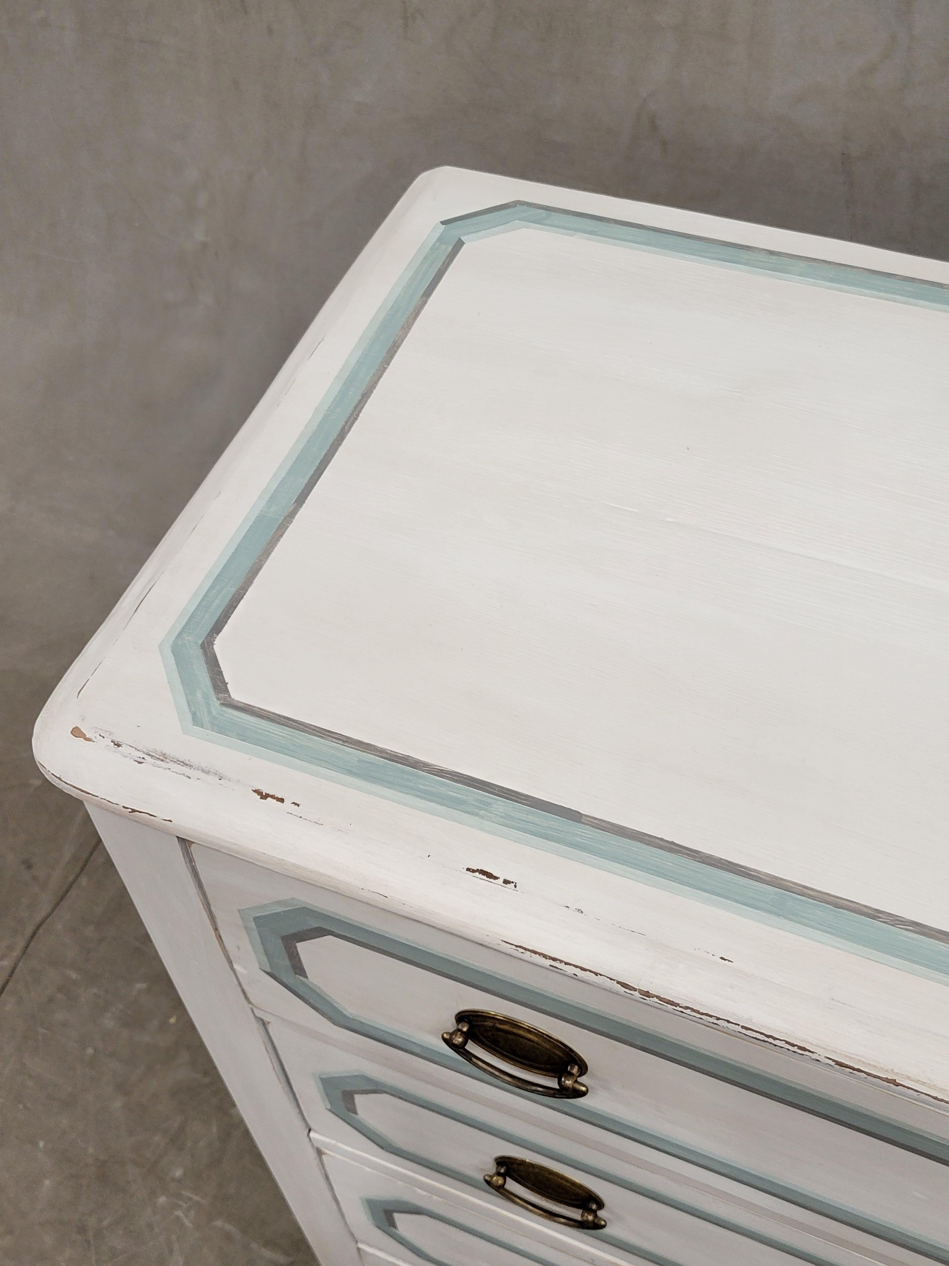 British Antique Pine Dresser Painted White With Aqua and Gray Trompe l'Oiel French Line 
