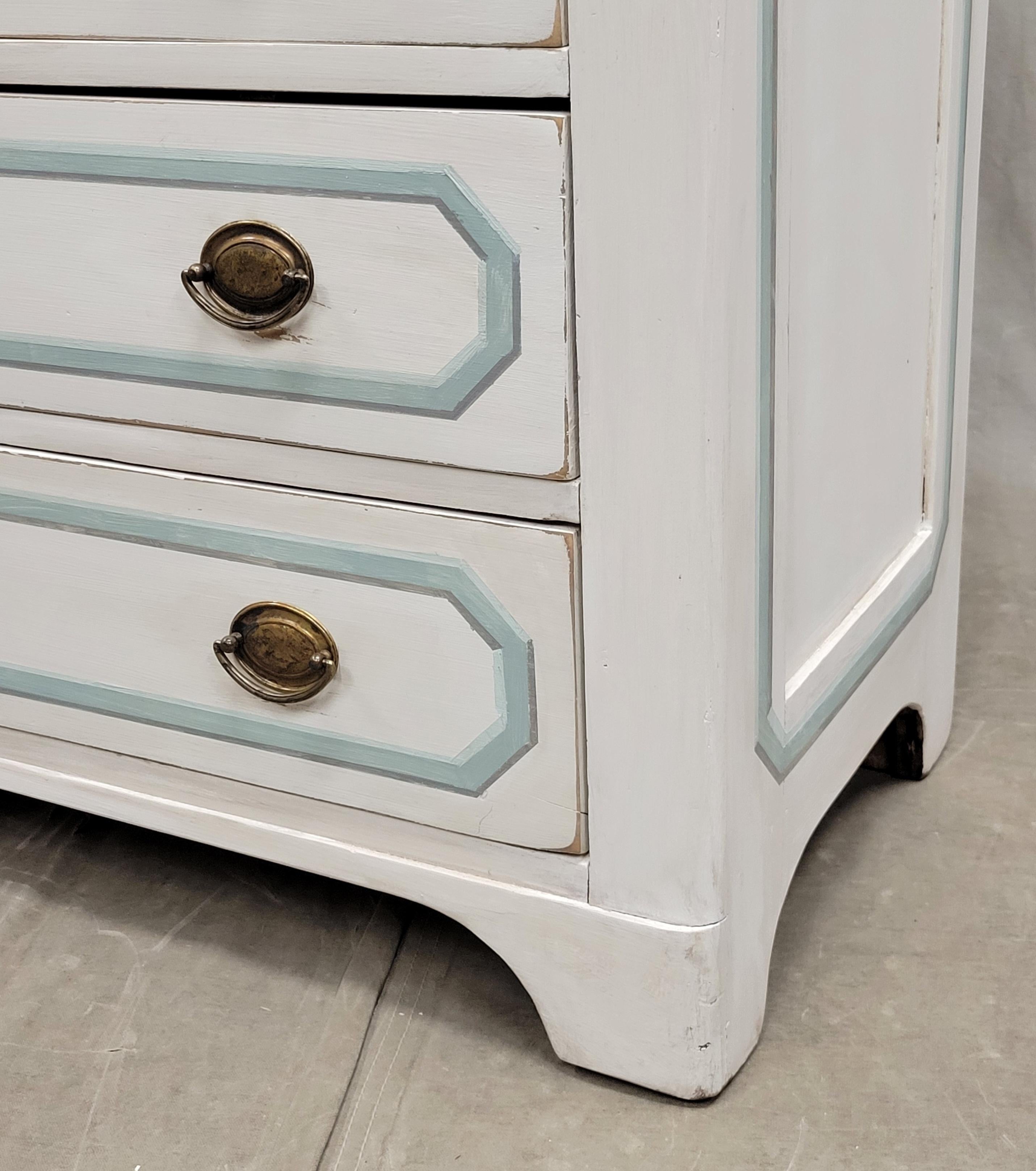 20th Century Antique Pine Dresser Painted White With Aqua and Gray Trompe l'Oiel French Line 