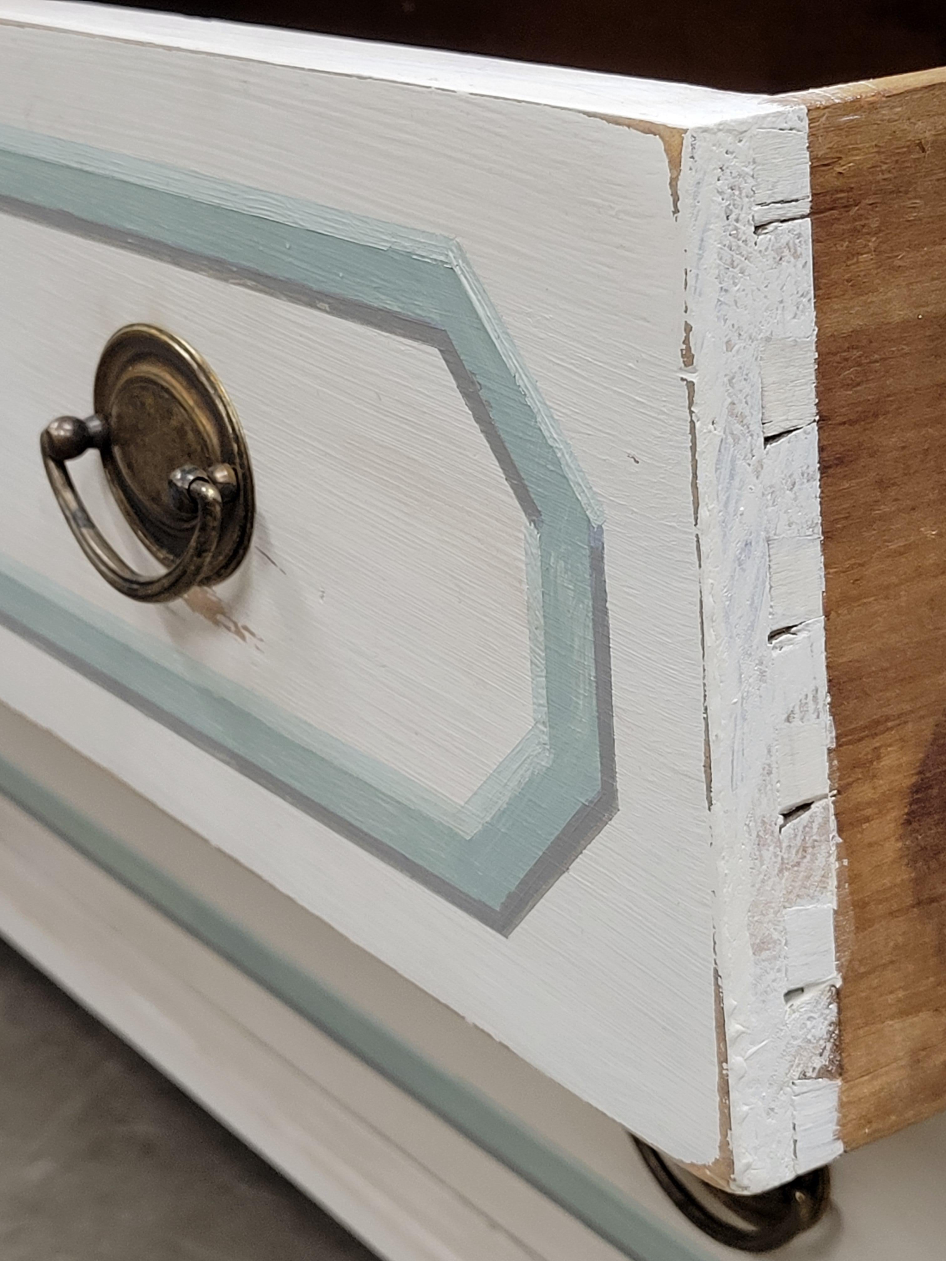 Brass Antique Pine Dresser Painted White With Aqua and Gray Trompe l'Oiel French Line 