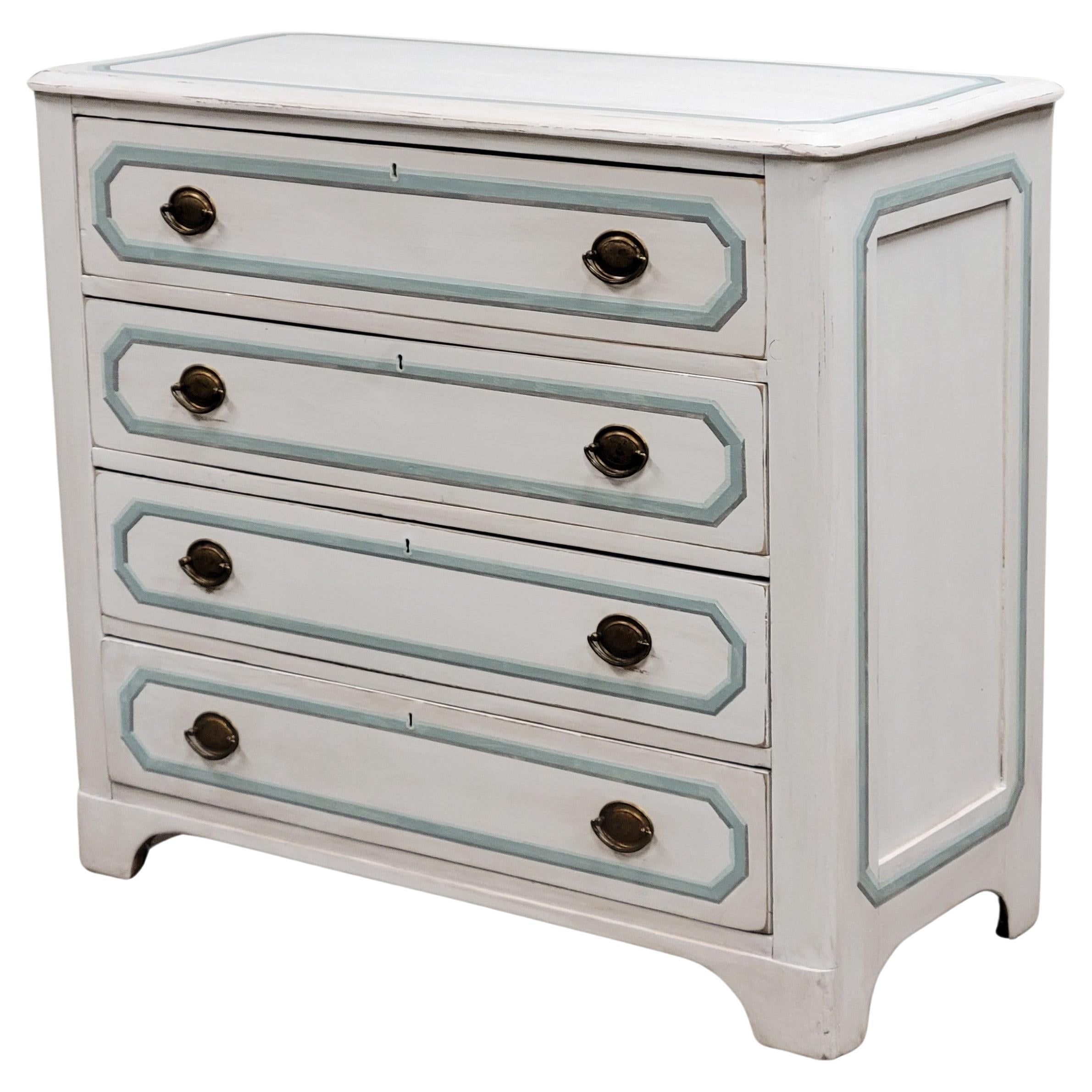 Antique Pine Dresser Painted White With Aqua and Gray Trompe l'Oiel French Line 