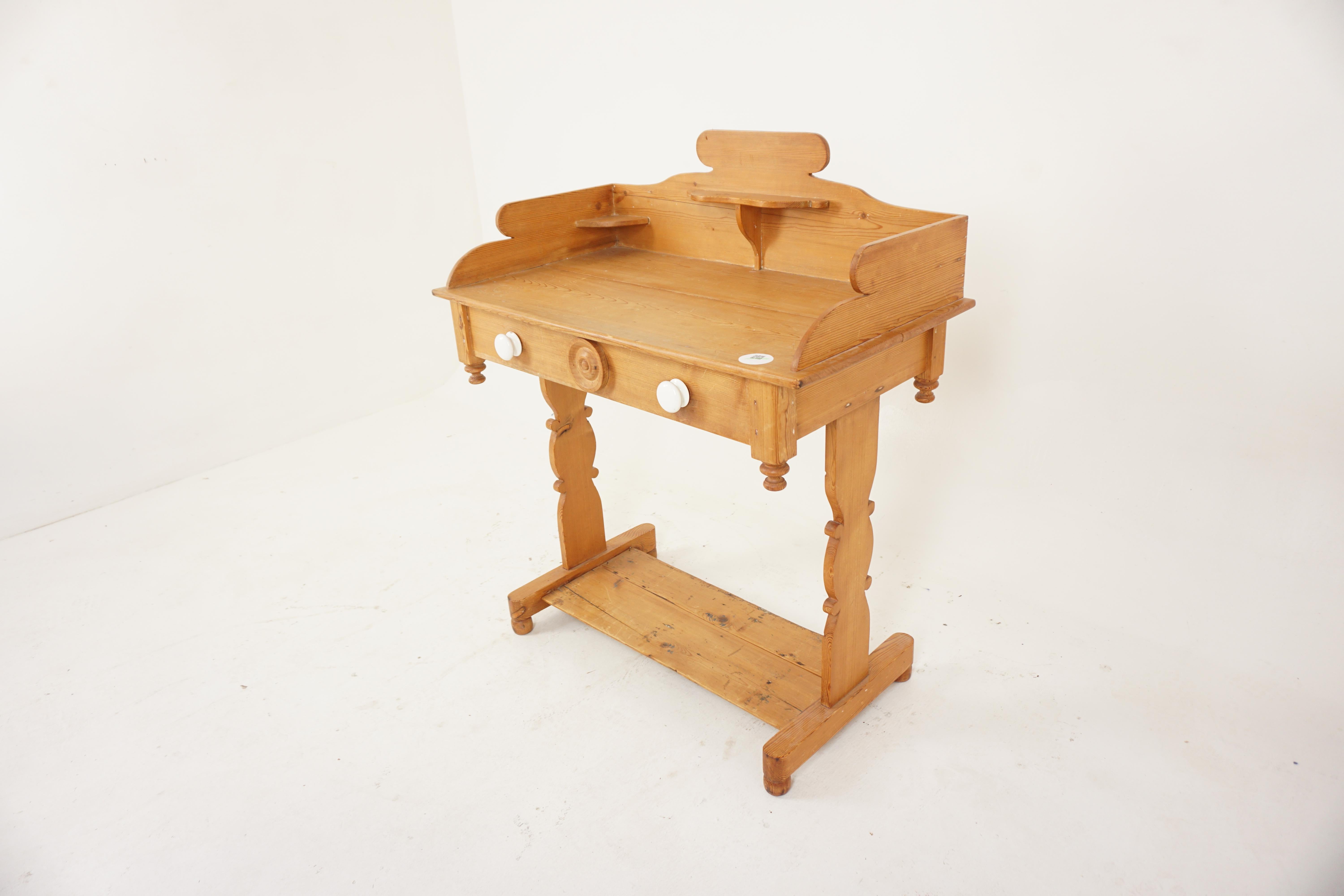 Antique Pine dry sink, washstand, hall table, writing table, Scotland 1880, H682

Scotland 1880
Solid Pine
Original Finish
Shaped pediment to the back
Three quarter gallery on top with three shelves (soap dish and for candlesticks)
False drawer with
