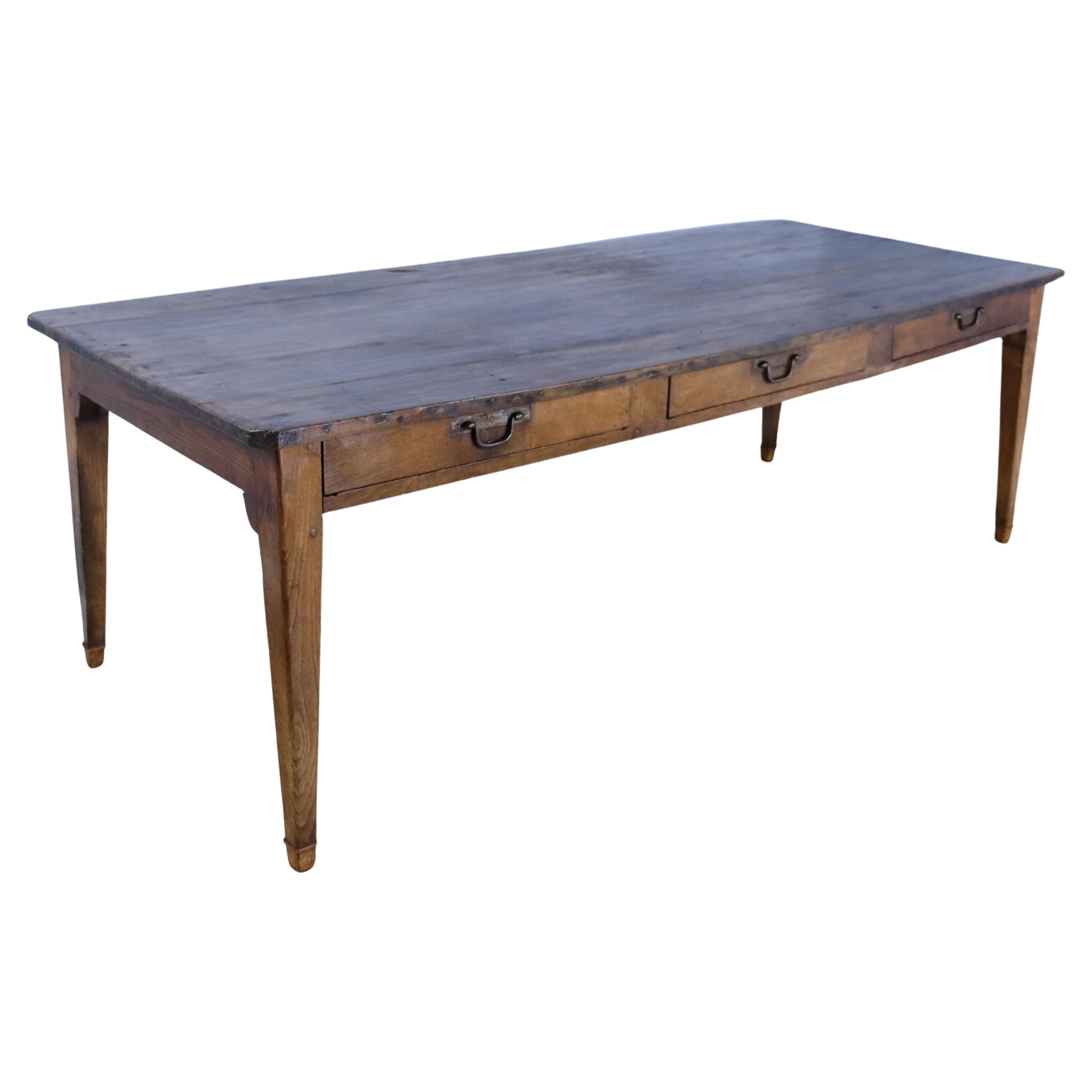 Antique Pine Farm Table, Three Drawers For Sale