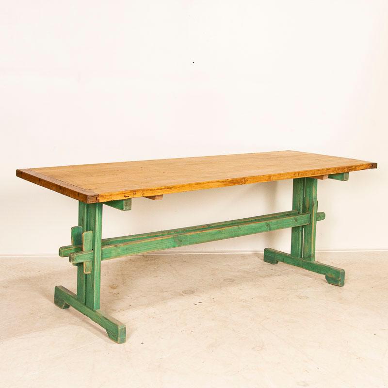 Hungarian Antique Pine Farm Table with Original Green Painted Trestle Base