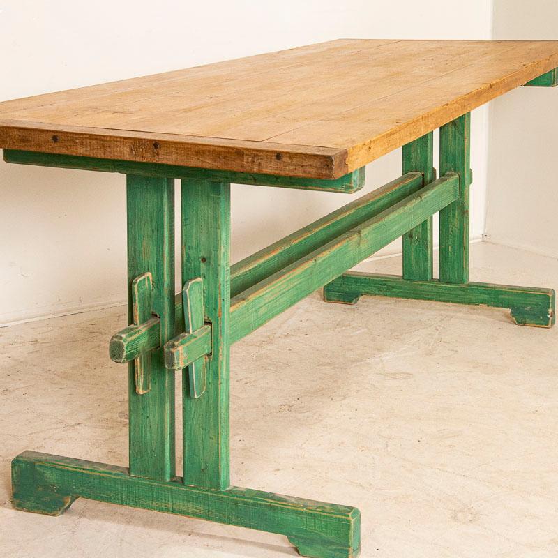 Antique Pine Farm Table with Original Green Painted Trestle Base In Good Condition In Round Top, TX