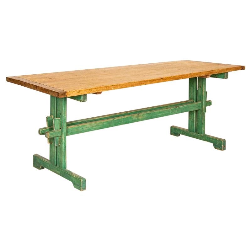 Antique Pine Farm Table with Original Green Painted Trestle Base