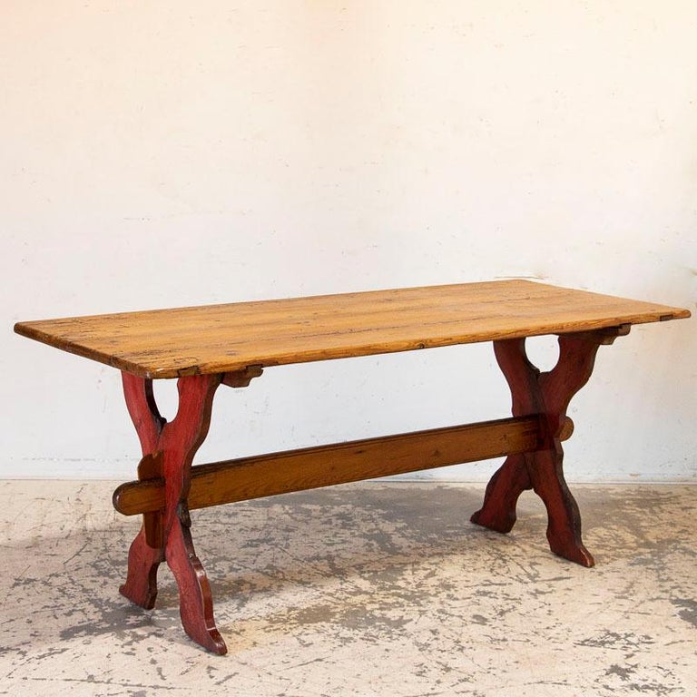 Antique Pine Farm Trestle Dining Table with Red "X" Stretcher Base at