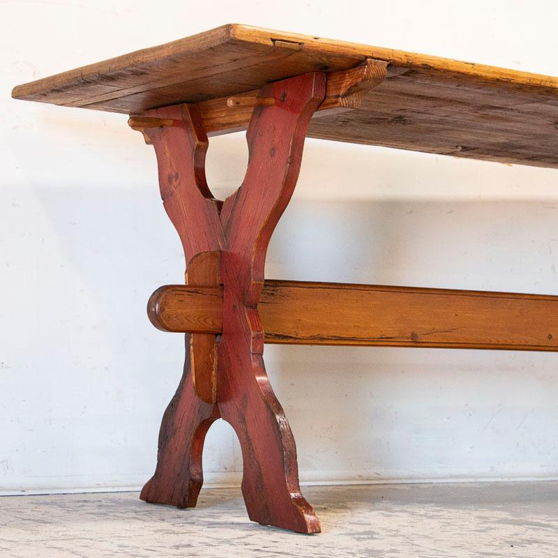 Antique Pine Farm Trestle Dining Table with Red 
