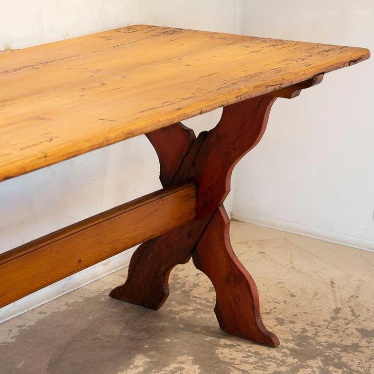 Antique Pine Farm Trestle Dining Table with Red "X" Stretcher Base at