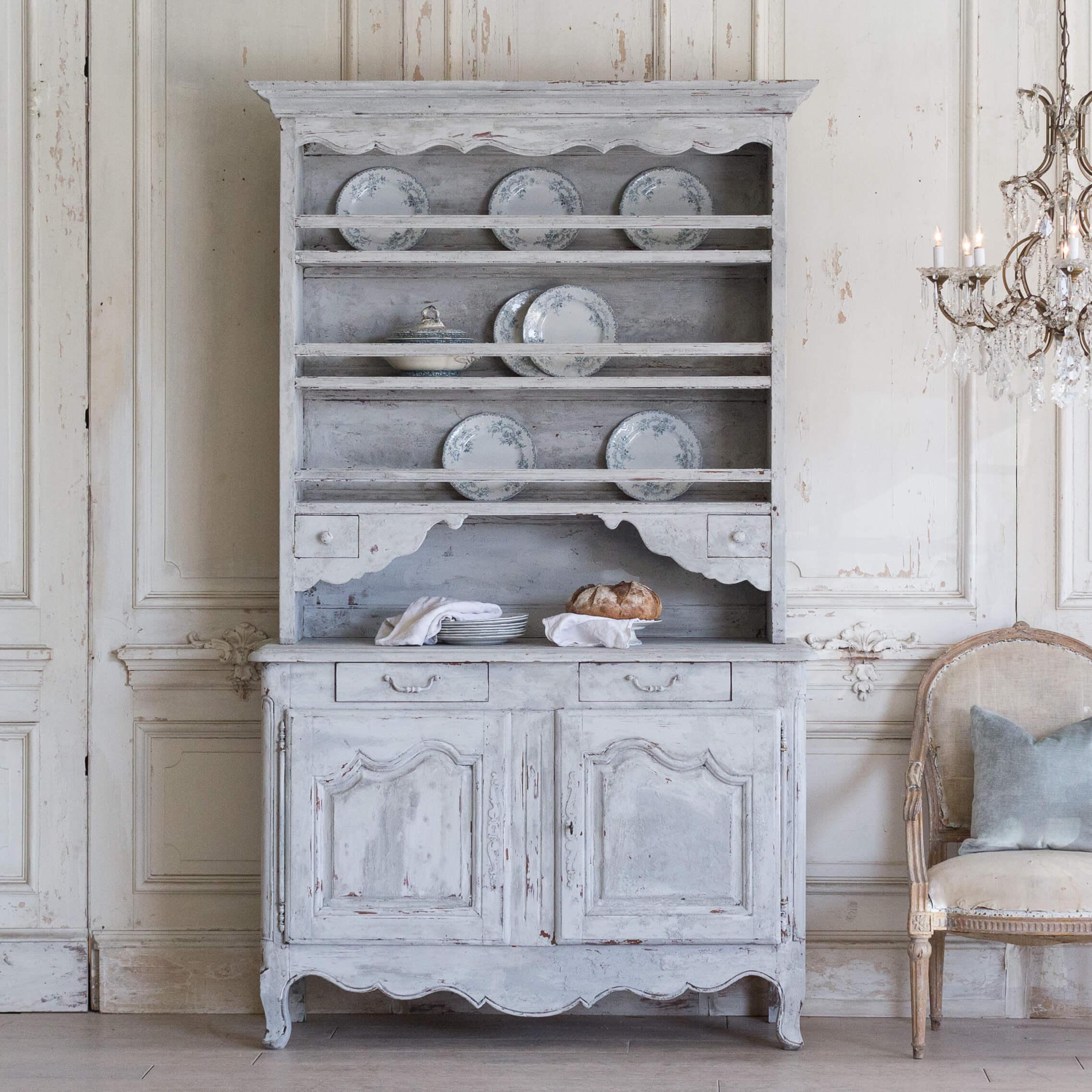 Antique pine farmhouse cupboard with generous shelving atop two door and drawer base. Refinished in soft blue grey finish and hand glazed for the perfect amount of dimensional color and depth.