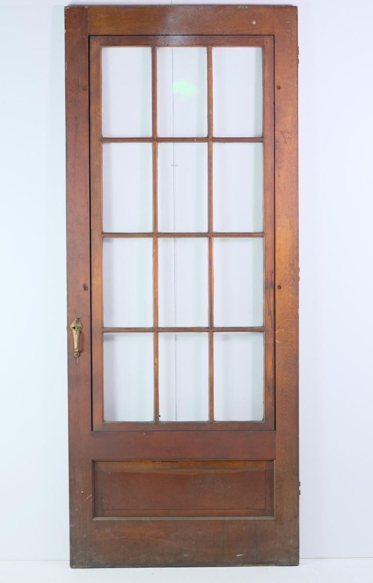 19th Century Antique Pine French Door W/ 12 Vertical Lites above Single Wood Panel