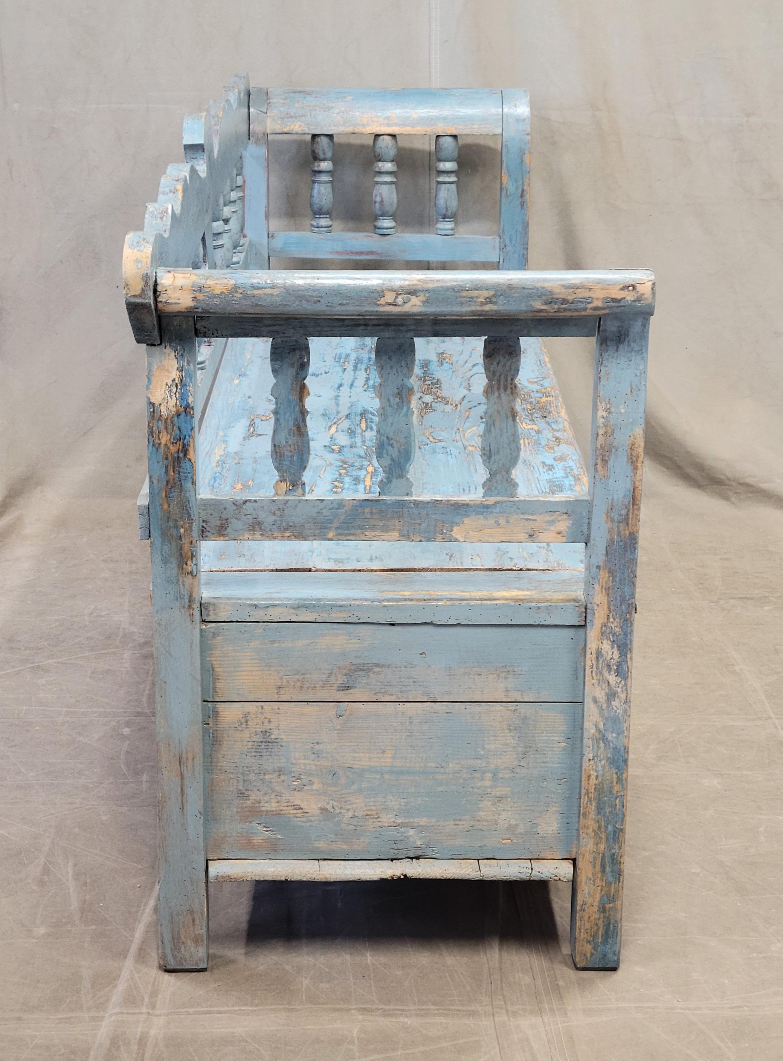 Antique Pine Hungarian Storage Bench With Old Blue Paint 4