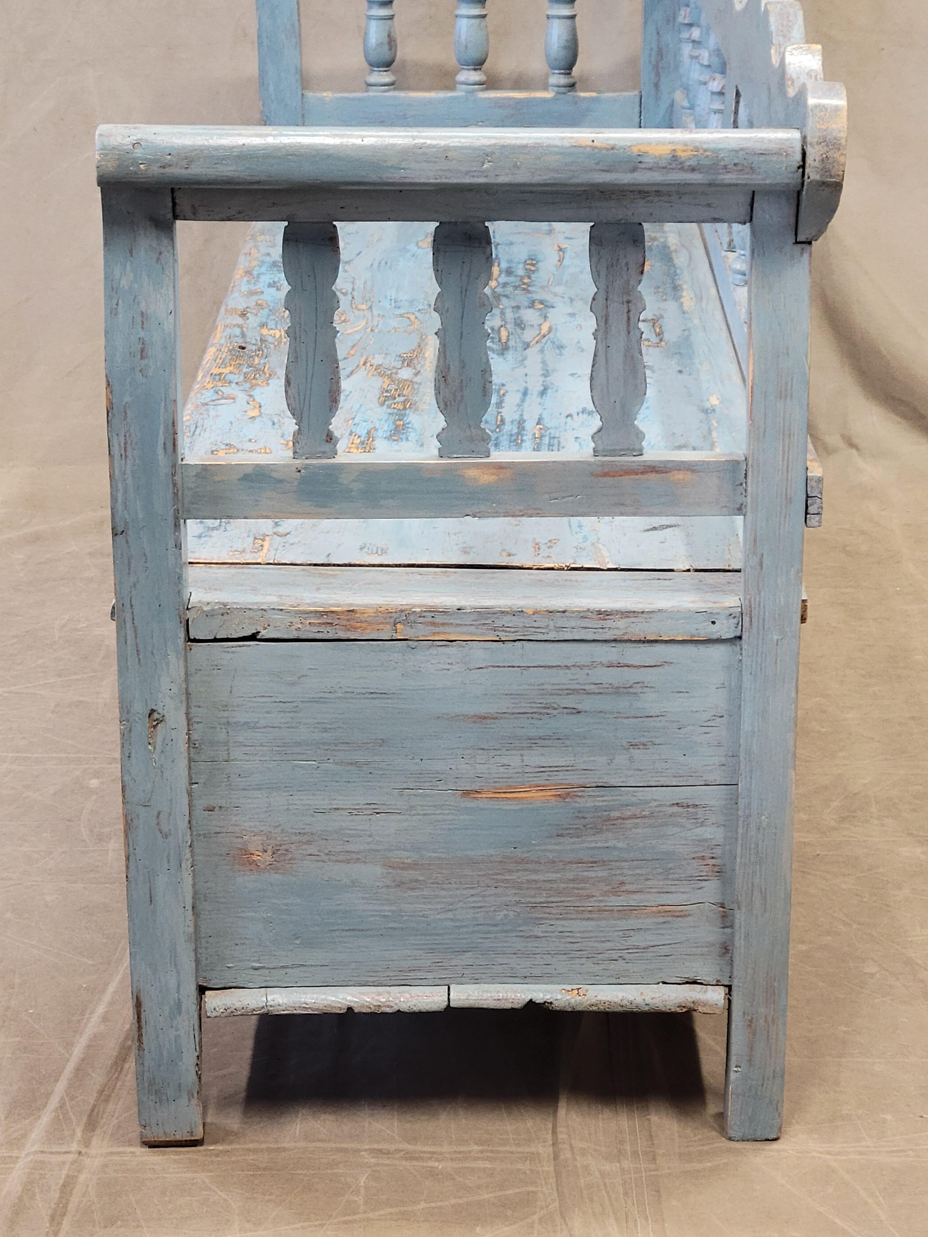 Antique Pine Hungarian Storage Bench With Old Blue Paint For Sale 5