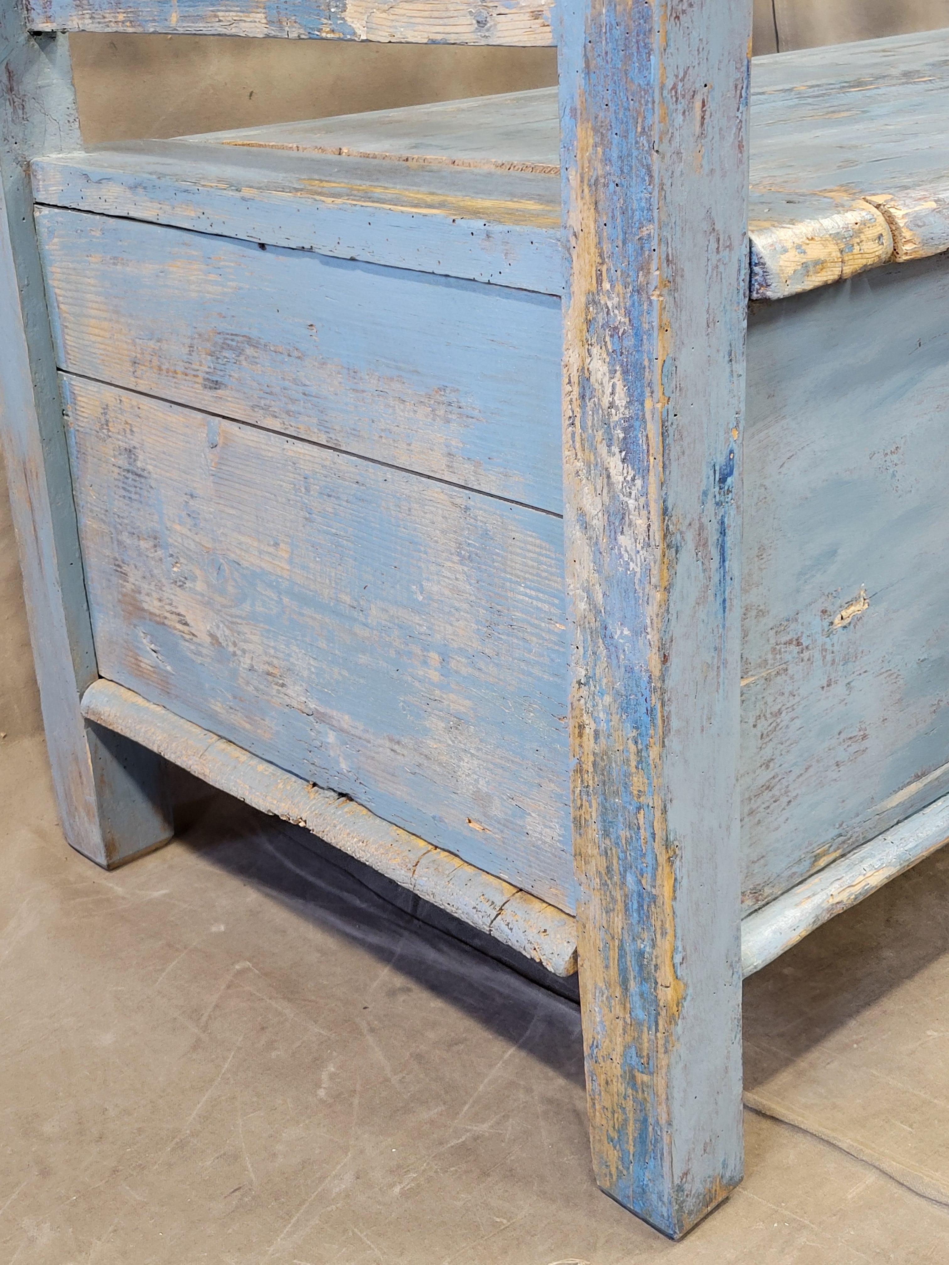 Antique Pine Hungarian Storage Bench With Old Blue Paint 6