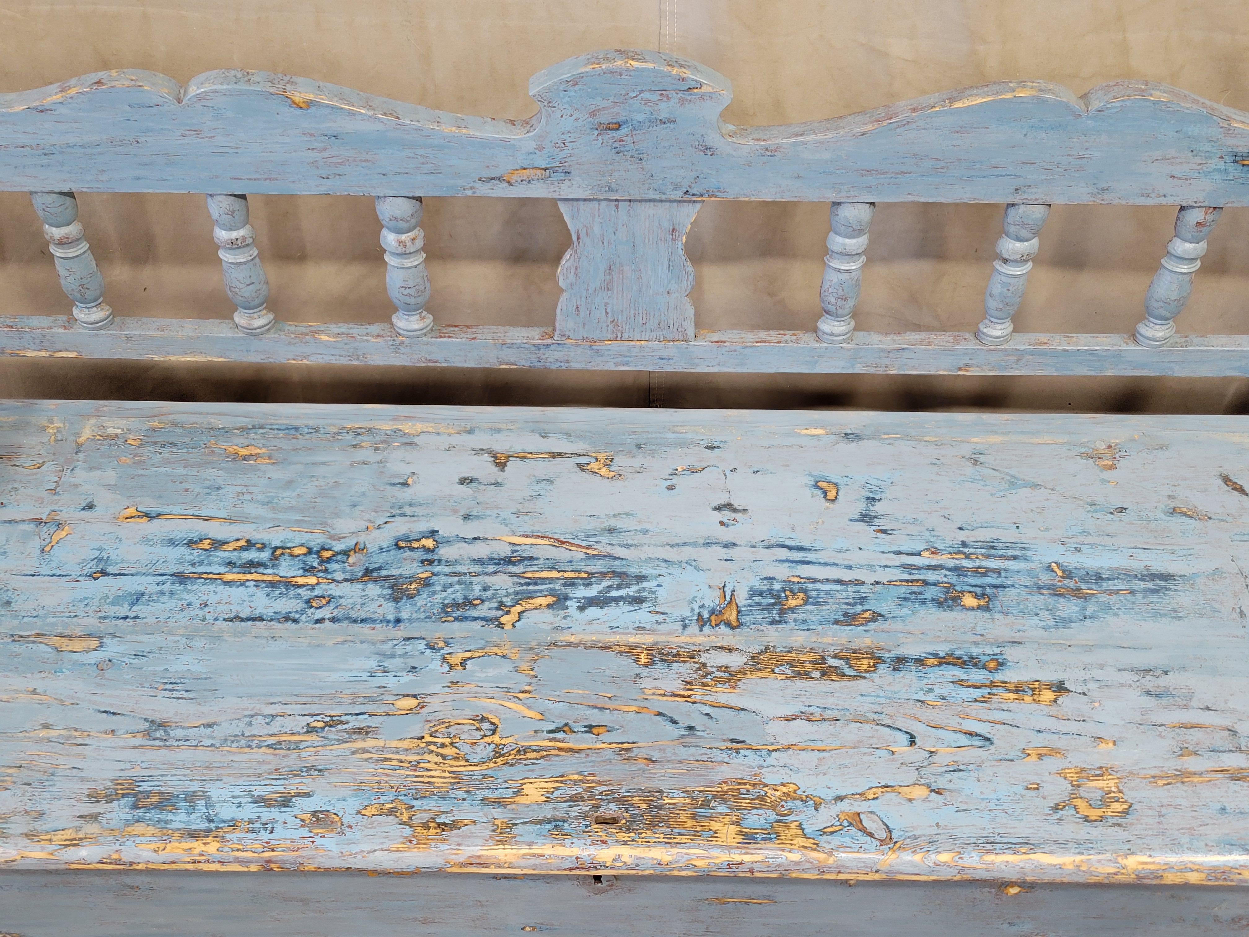 Antique Pine Hungarian Storage Bench With Old Blue Paint 8