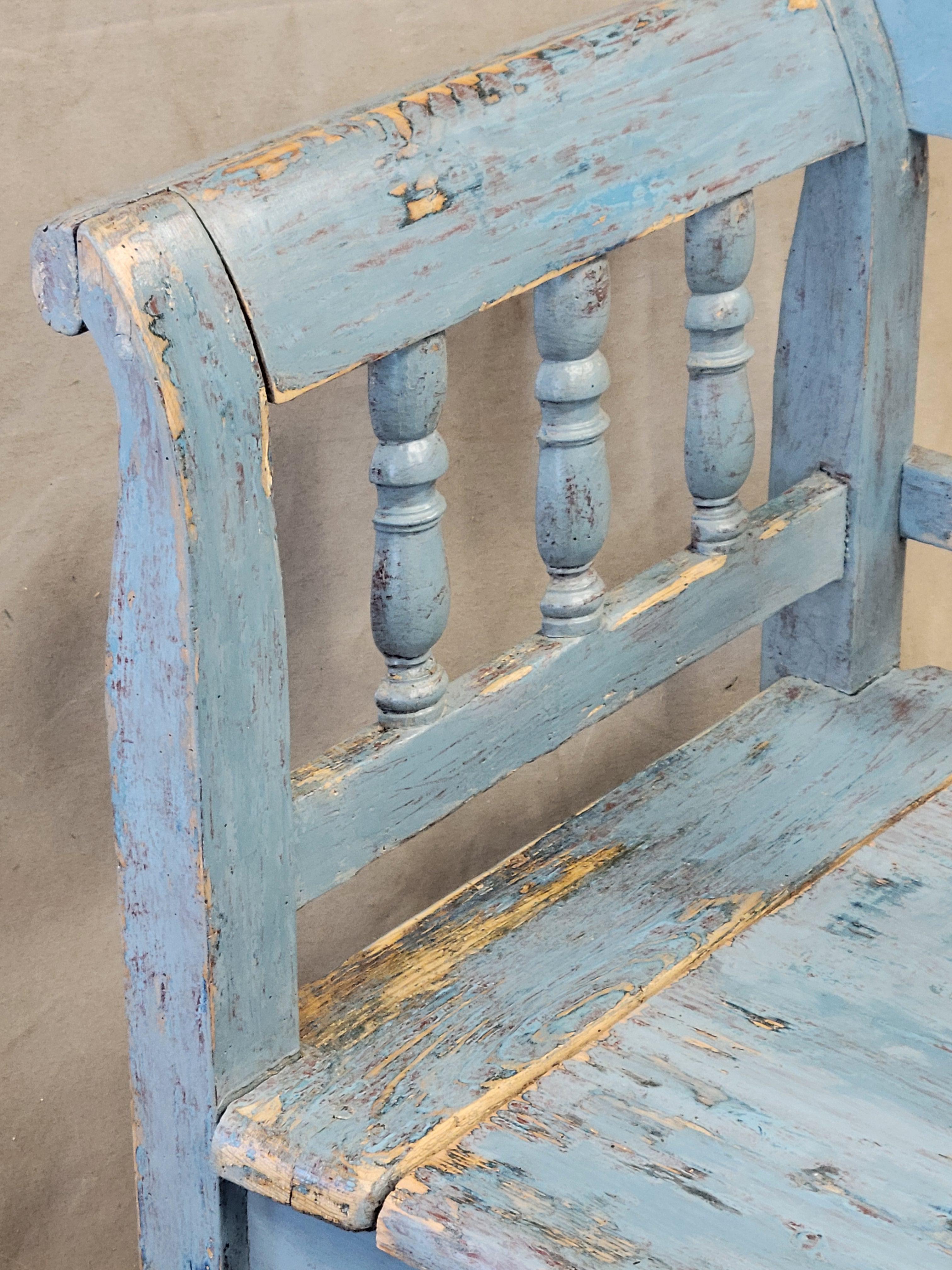 Rustic Antique Pine Hungarian Storage Bench With Old Blue Paint