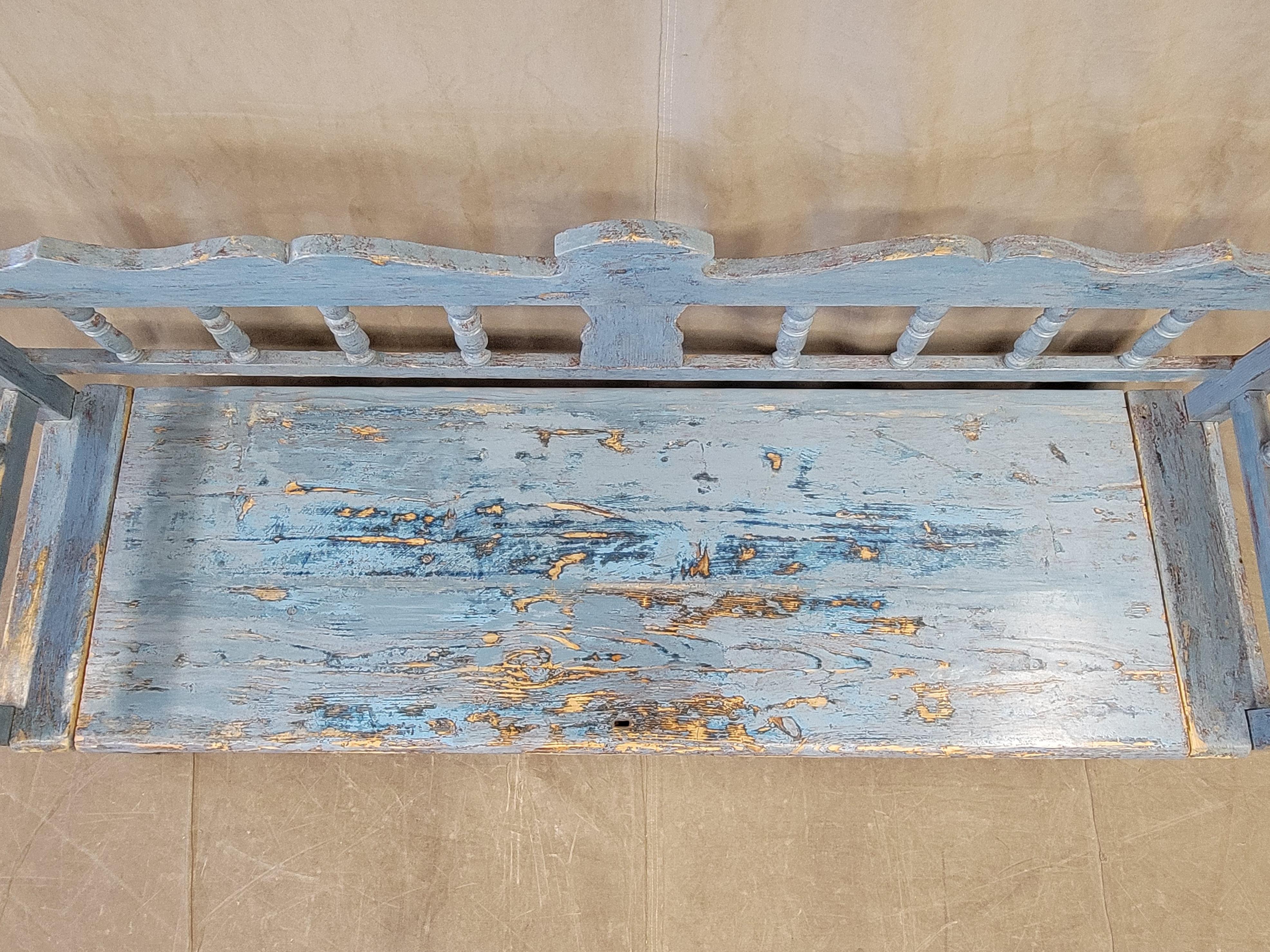 Hand-Crafted Antique Pine Hungarian Storage Bench With Old Blue Paint