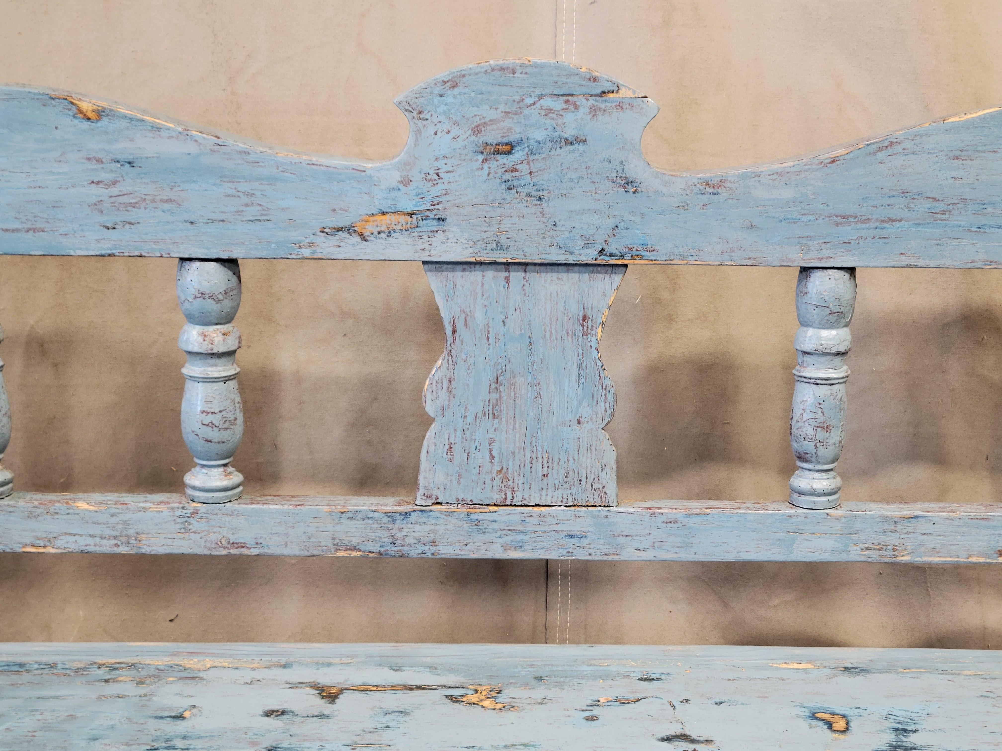 Antique Pine Hungarian Storage Bench With Old Blue Paint In Good Condition For Sale In Centennial, CO