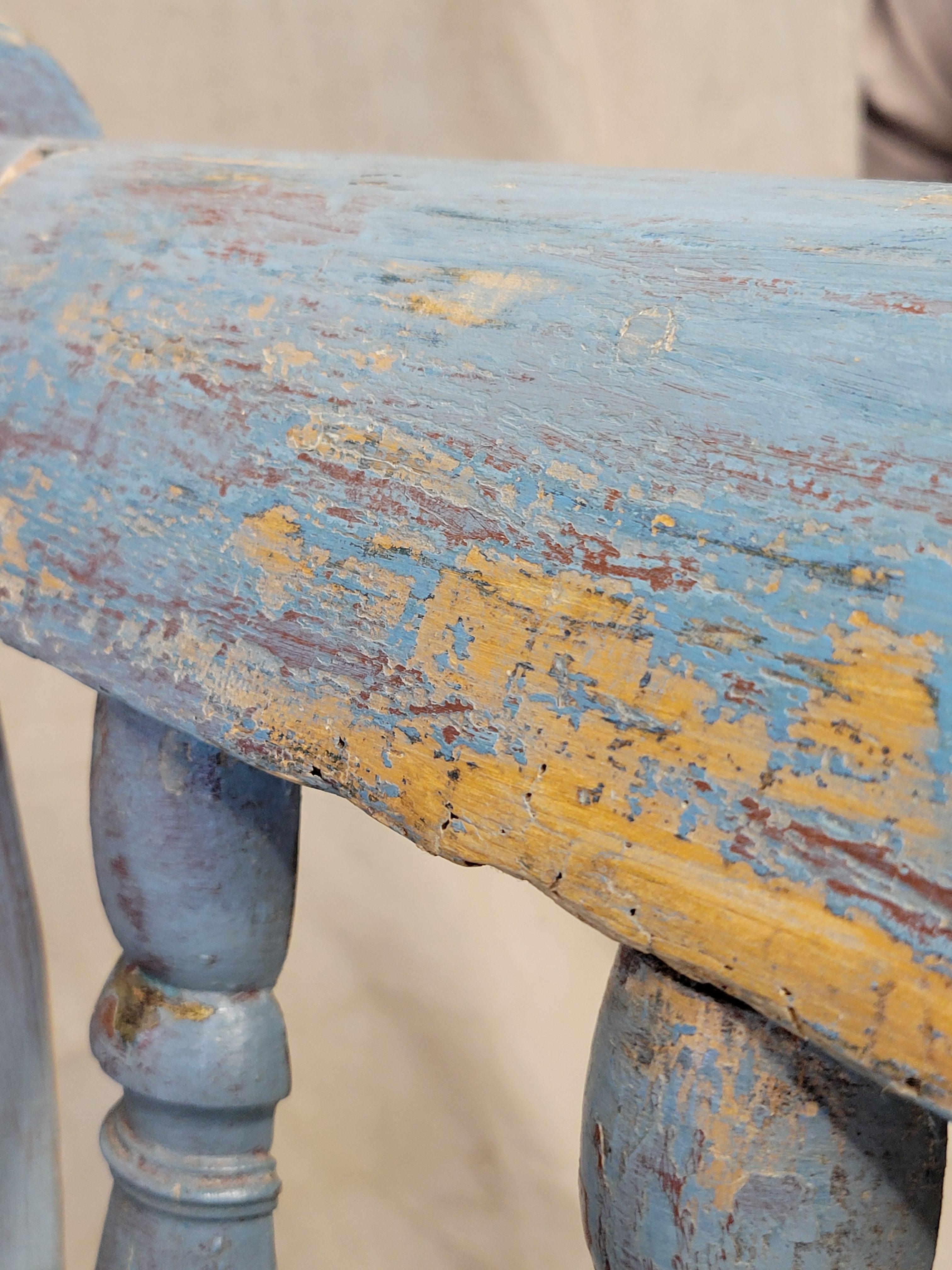 Antique Pine Hungarian Storage Bench With Old Blue Paint For Sale 1