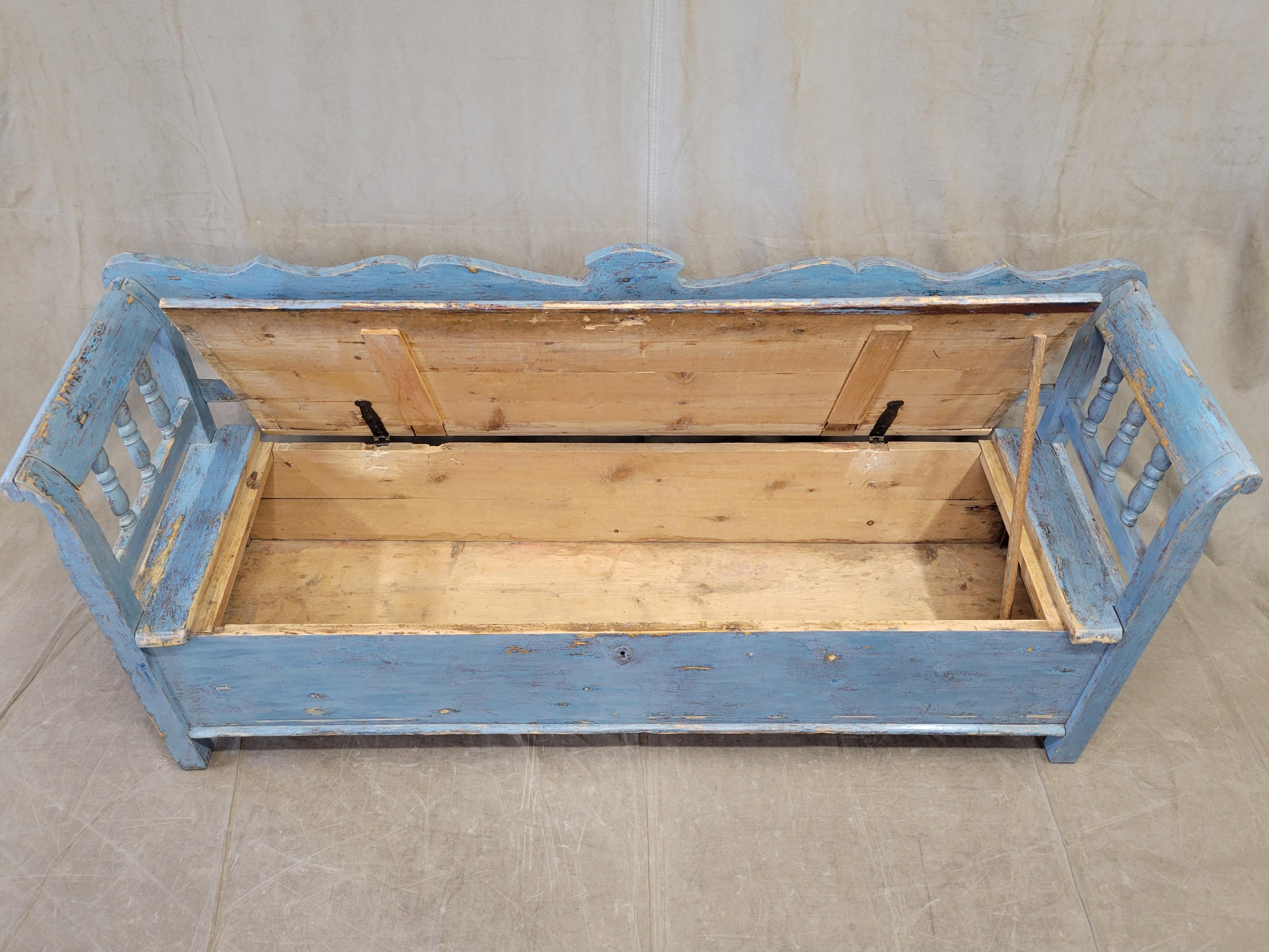 Antique Pine Hungarian Storage Bench With Old Blue Paint 2