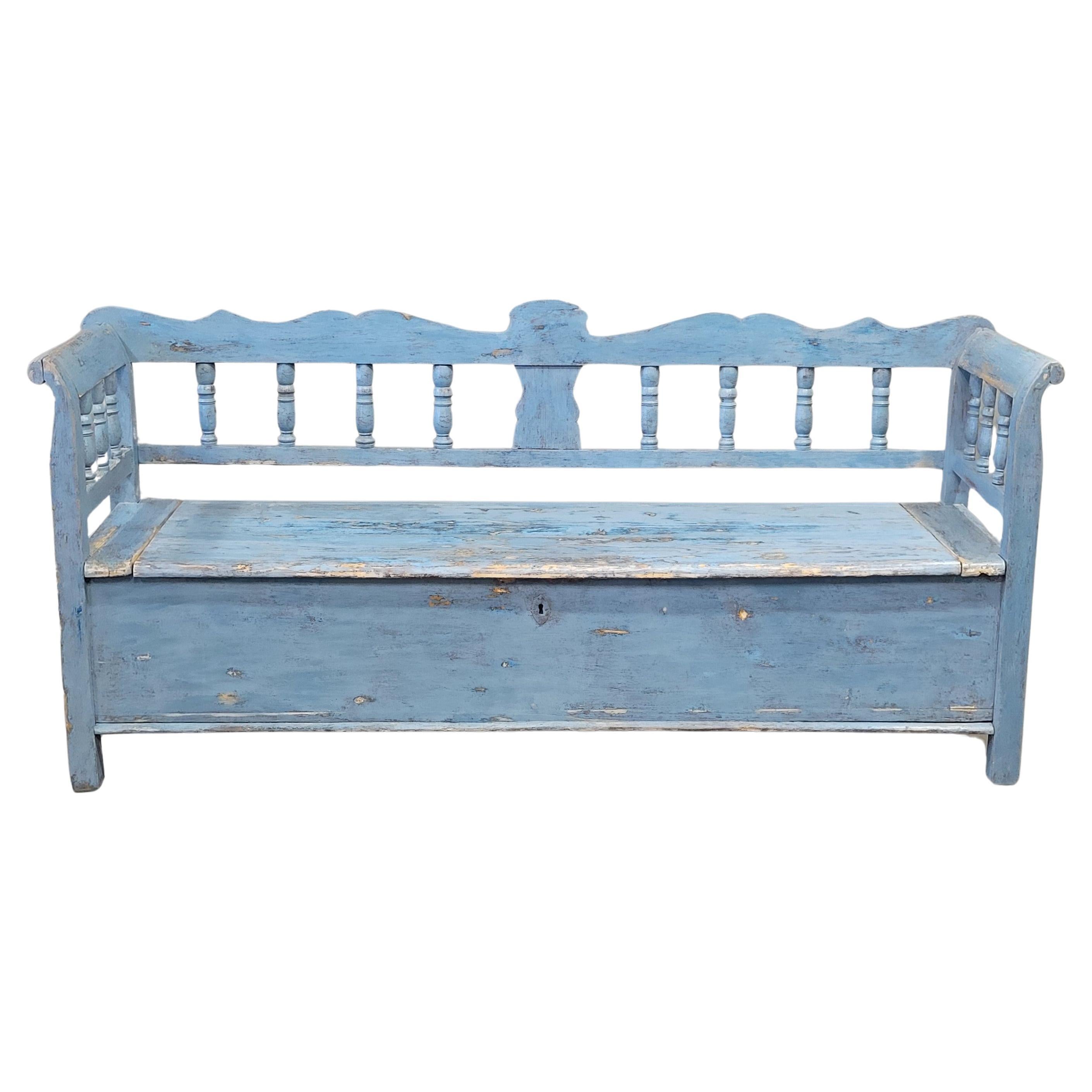 Antique Pine Hungarian Storage Bench With Old Blue Paint For Sale