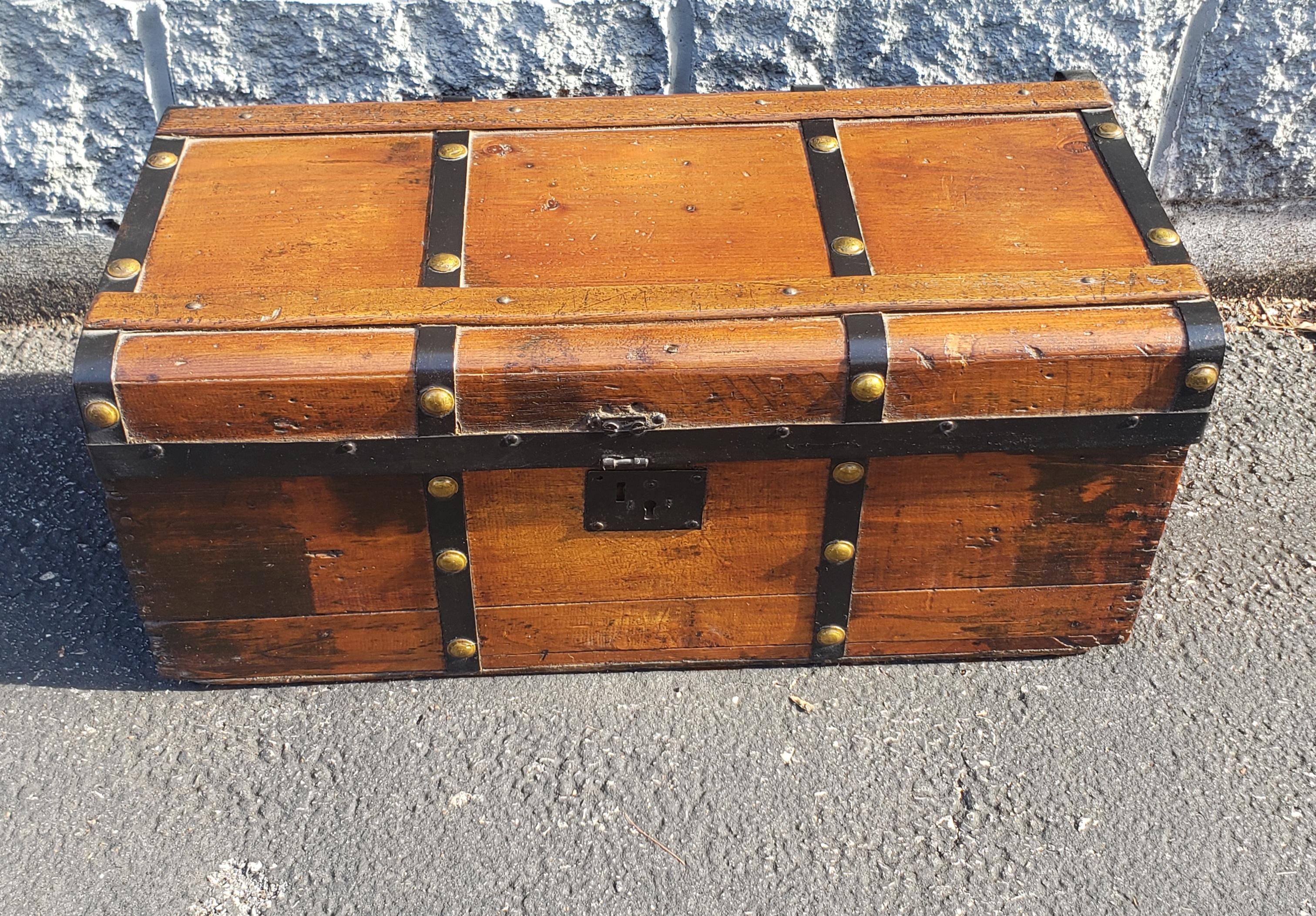 Eraly American pine, iron and brass map or utility chest with leather handles. Nice and rich patina. 
Lock not functional.