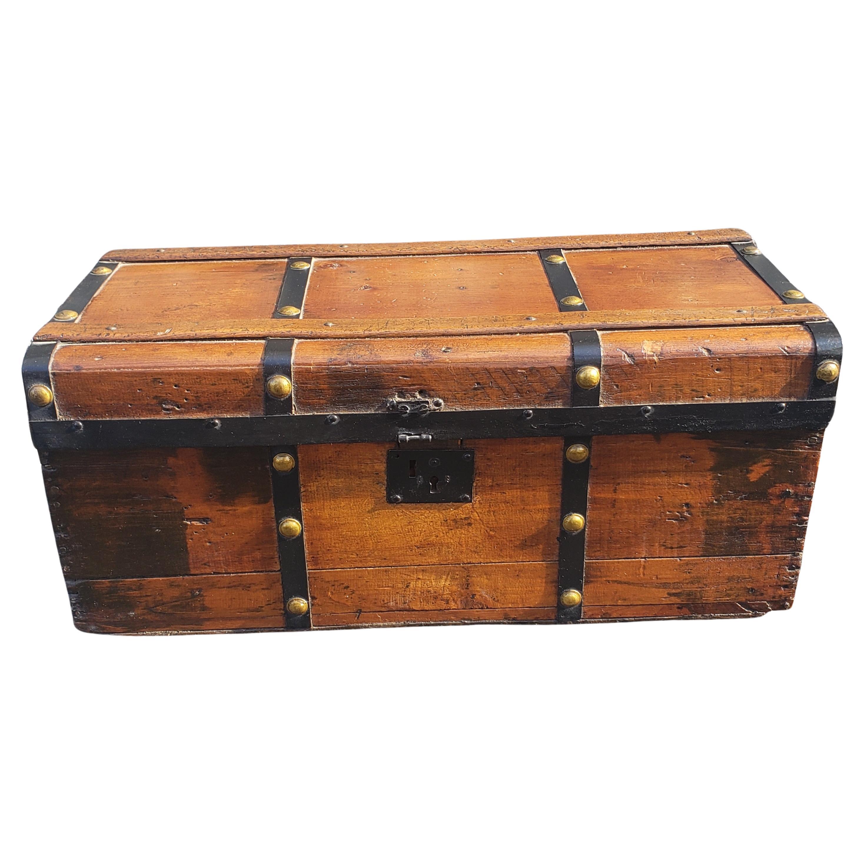 Antique Pine, Iron and Brass Map or Utility Chest For Sale