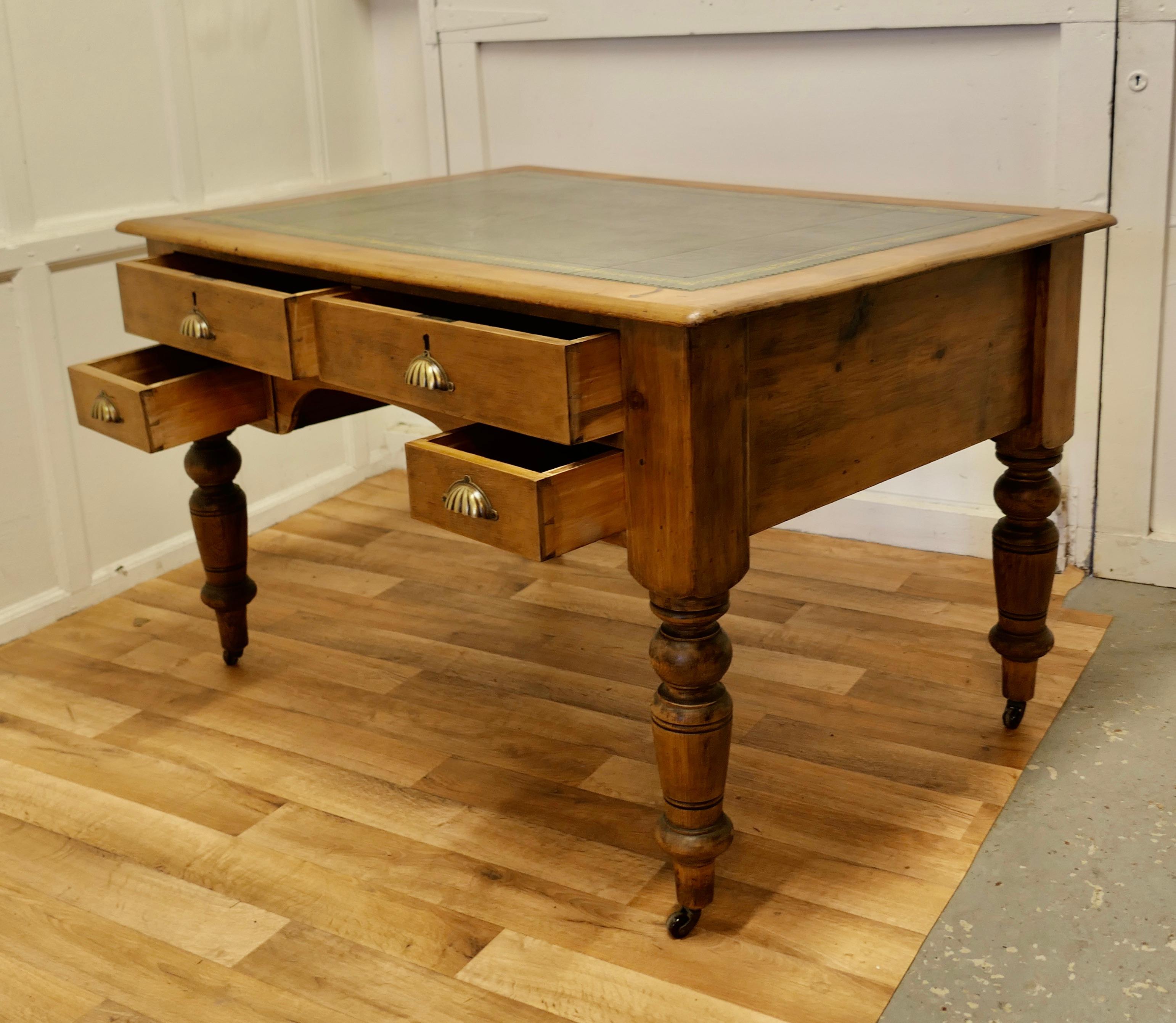 19th Century Antique Pine Leather Top Partners Desk, Library Table For Sale
