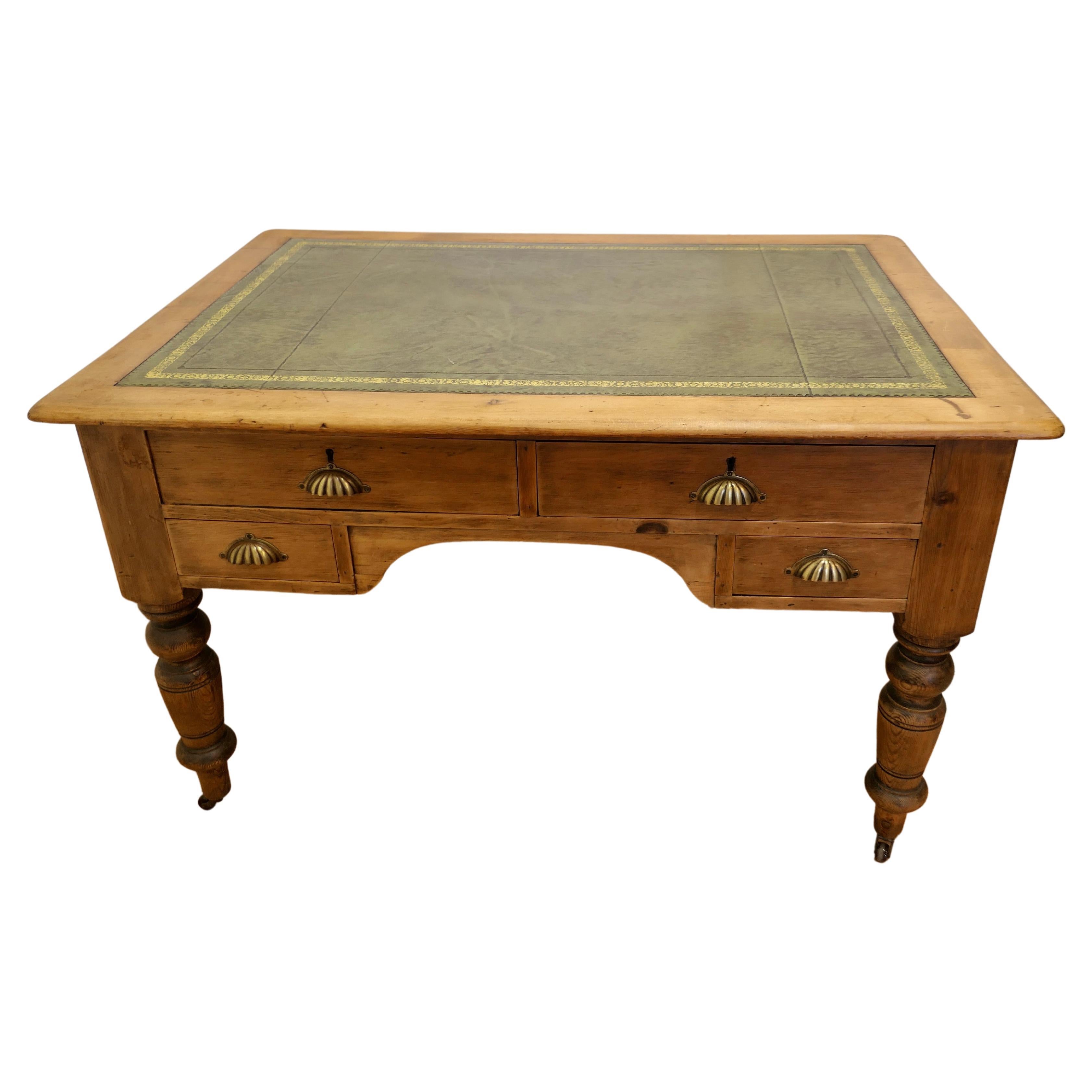 Antique Pine Leather Top Partners Desk, Library Table For Sale